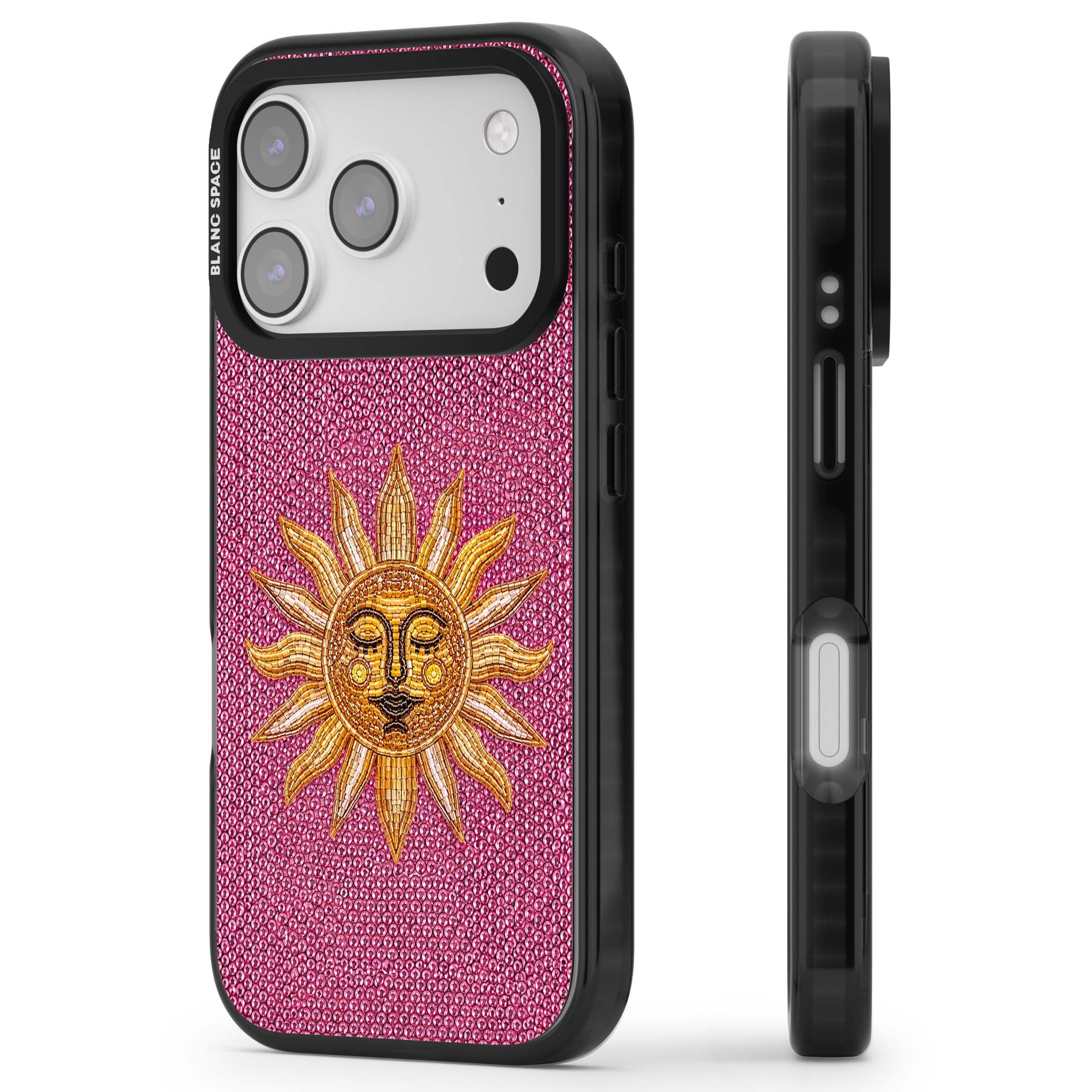 Beaded Sun celestial iPhone case featuring a golden beaded sun face with radiant rays on hot pink beaded background | Clear Impact case for iPhone 17 Pro, iPhone 17 Pro Max