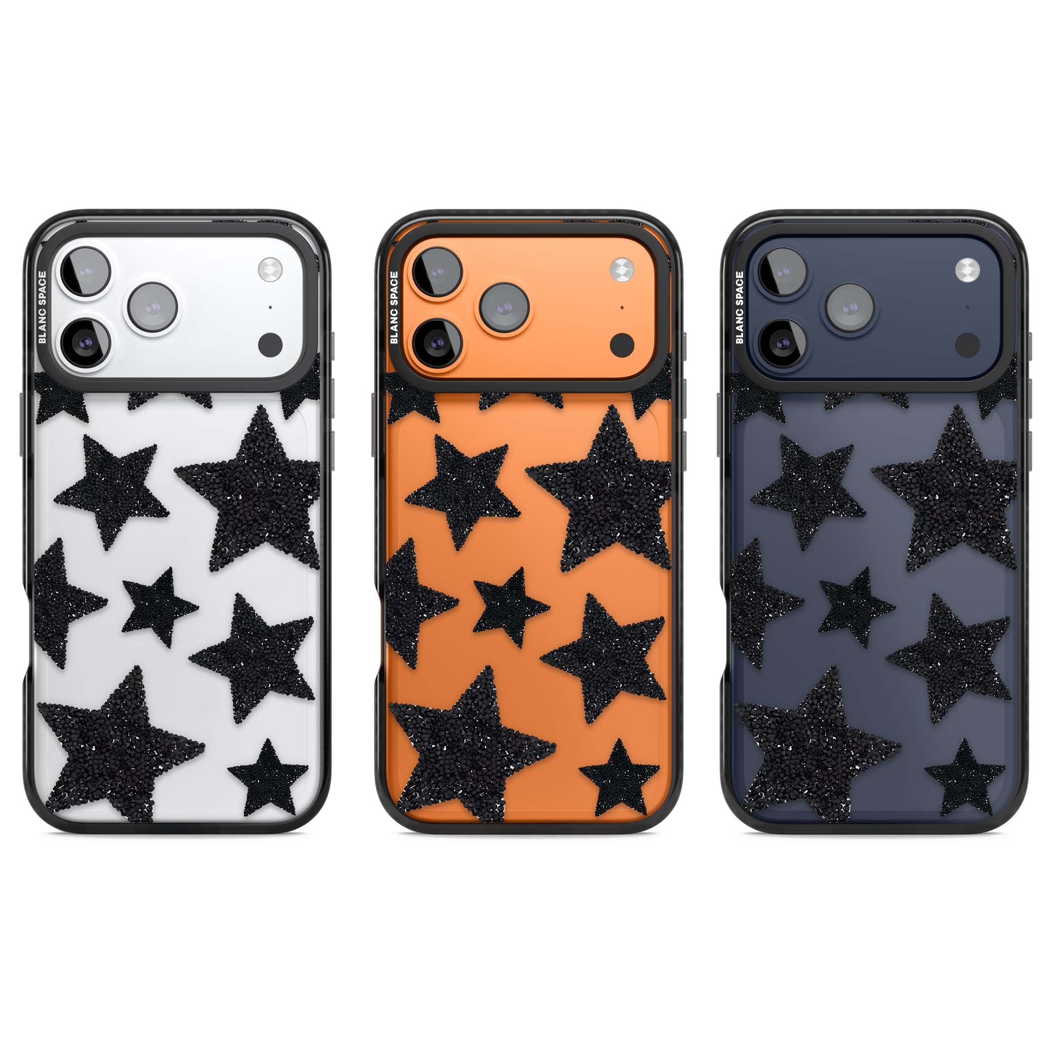 Beaded Black Stars celestial iPhone case featuring black glitter beaded stars scattered on a clear background | Clear Impact case for iPhone 17 Pro, iPhone 17 Pro Max