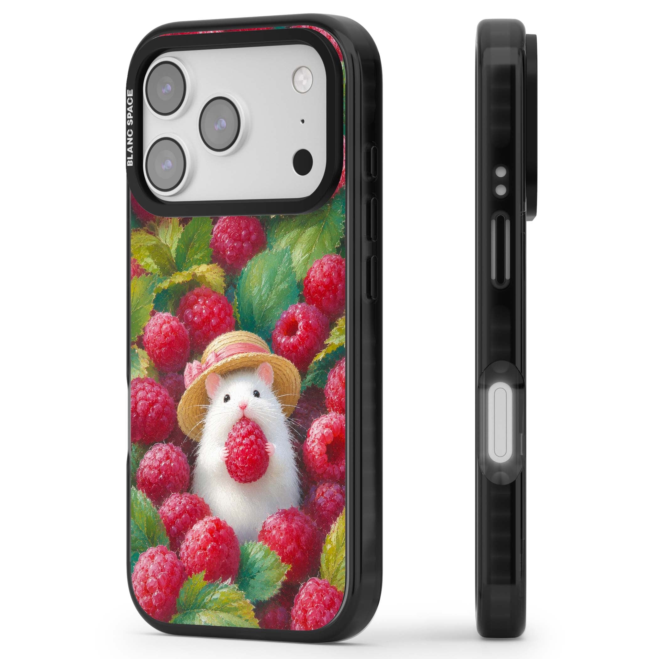 Berry Forager cottagecore iPhone case featuring a white hamster in a straw hat holding a raspberry surrounded by ripe ber | Clear Impact case for iPhone 17 Pro, iPhone 17 Pro Max