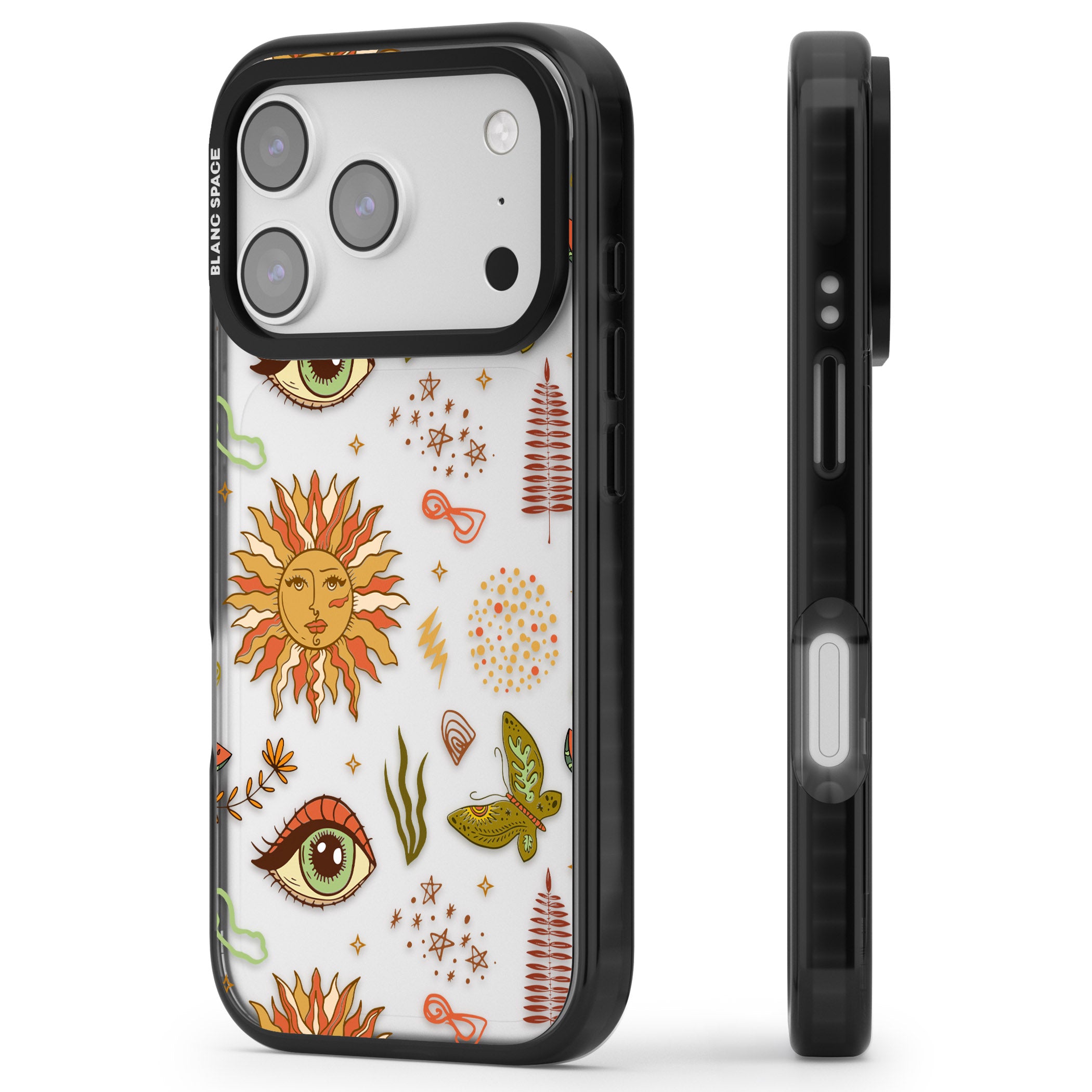 Boho Celestial Sun & Eye Pattern iPhone 17 Pro Impact Black Phone Case Side Profile
