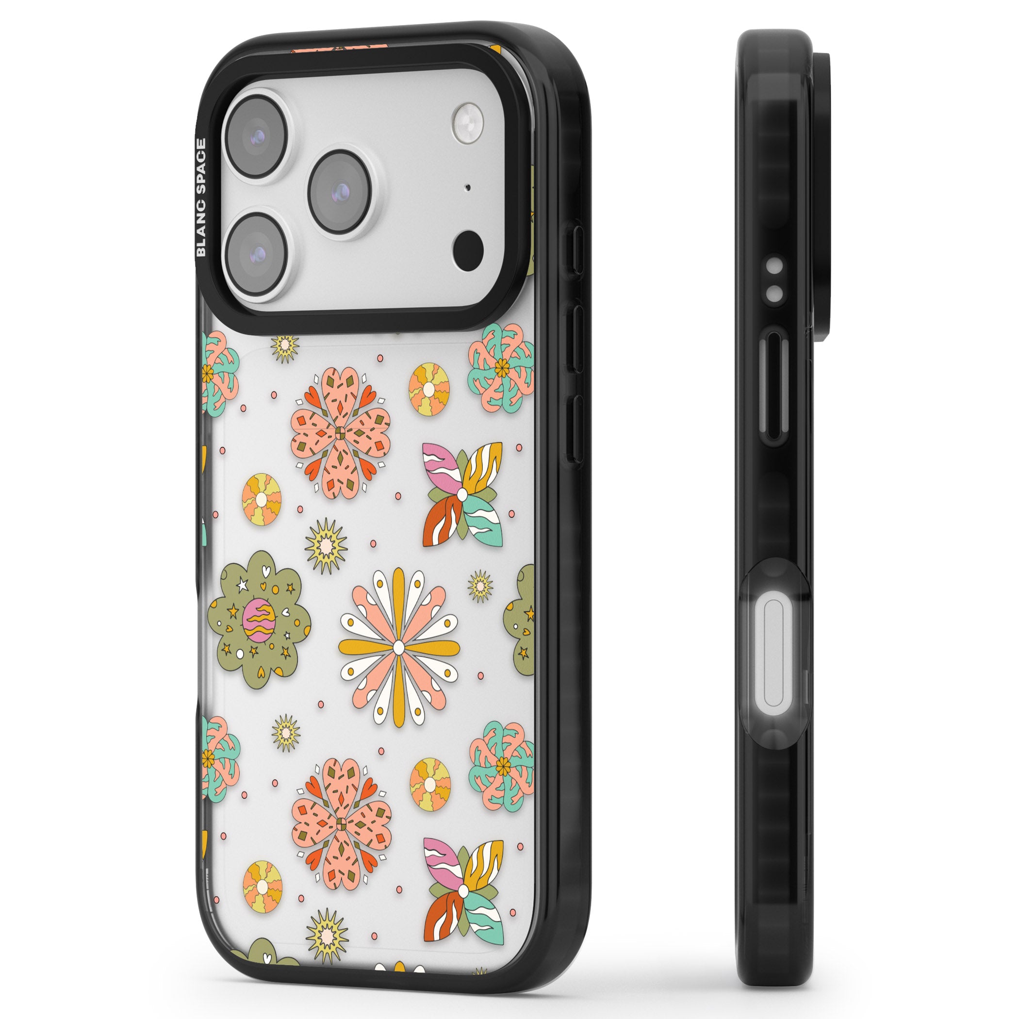 Boho Celestial Psychedelic Floral iPhone 17 Pro Impact Black Phone Case Side Profile