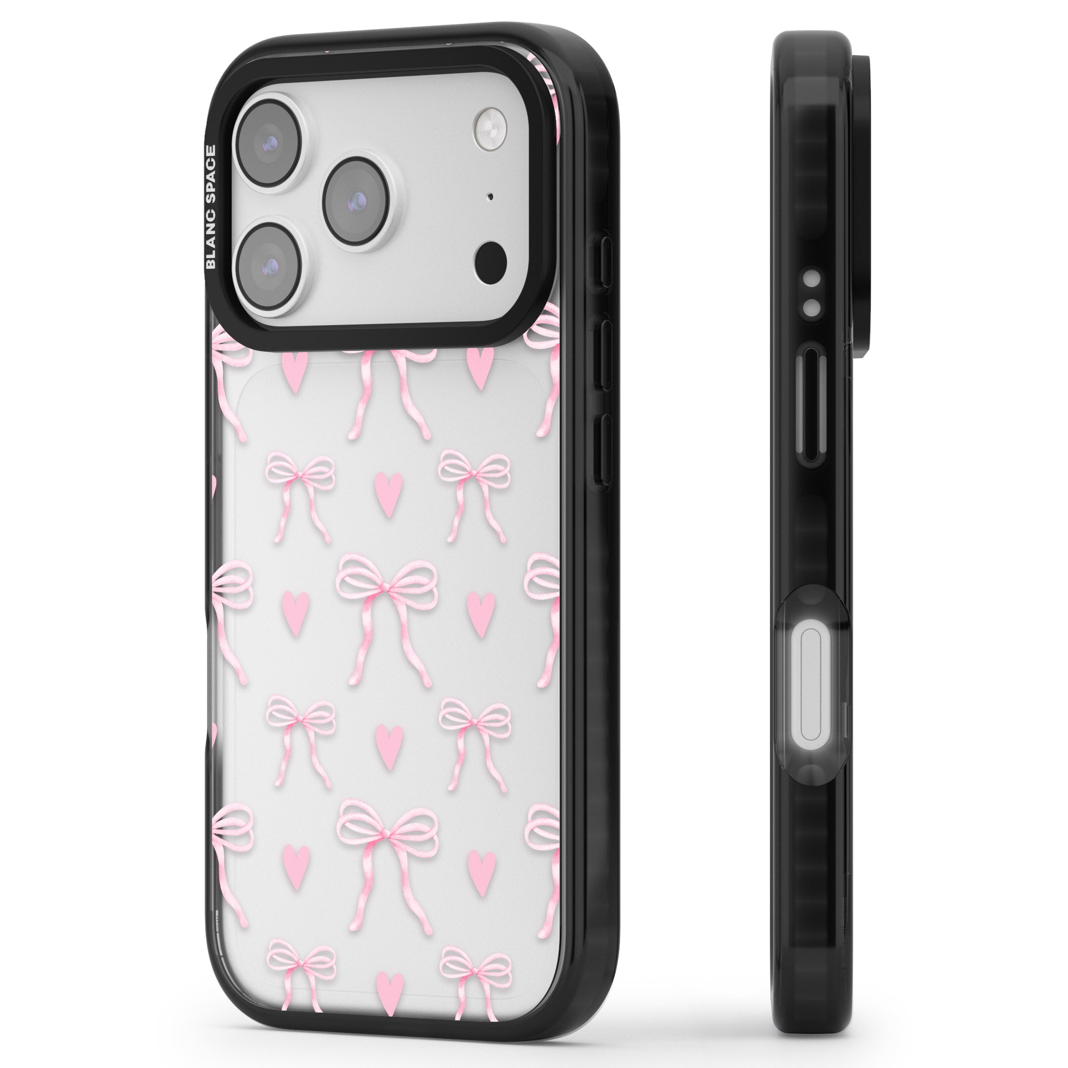 Pink Bows & Hearts iPhone 17 Pro Impact Black Phone Case Side Profile