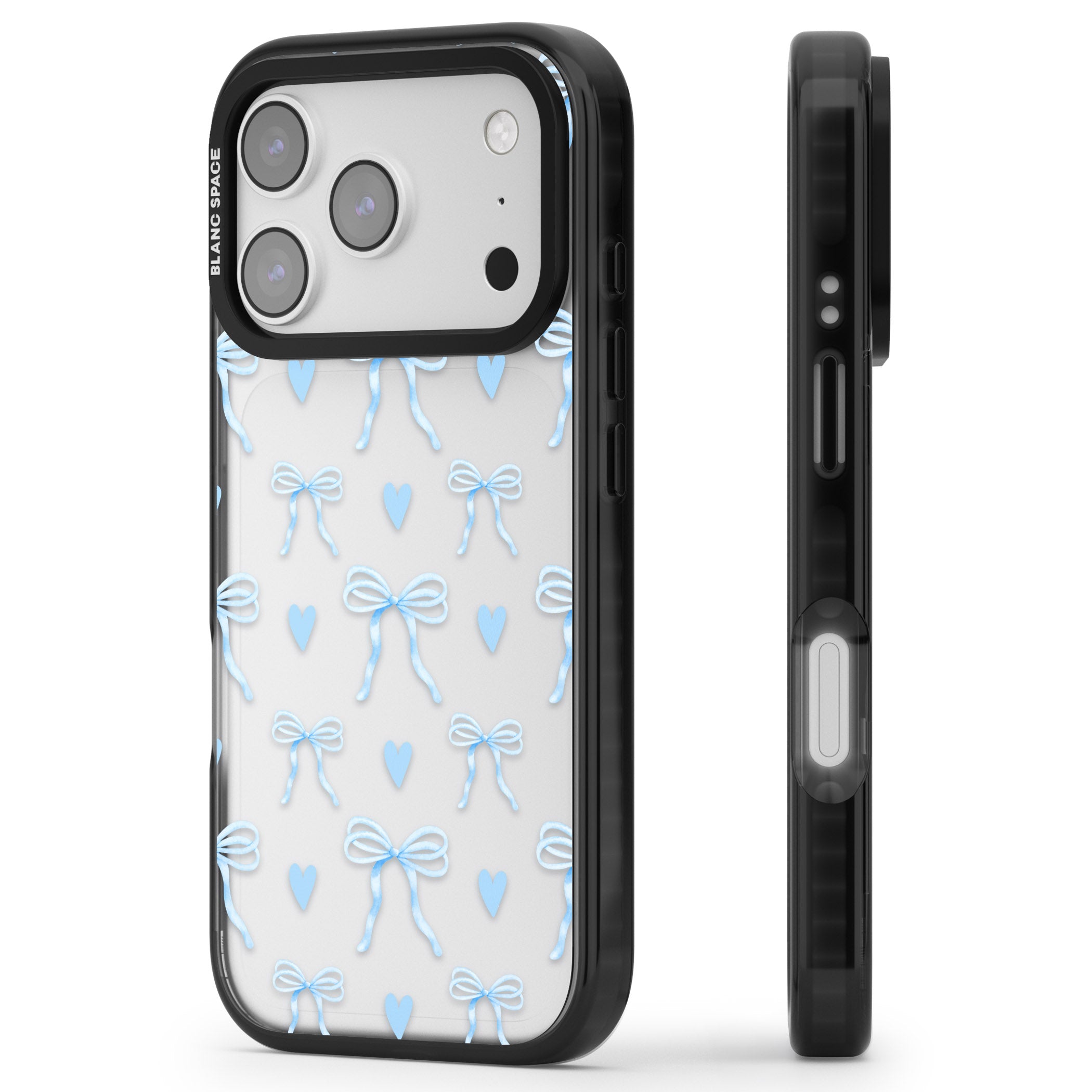 Blue Bows & Hearts iPhone 17 Pro Impact Black Phone Case Side Profile