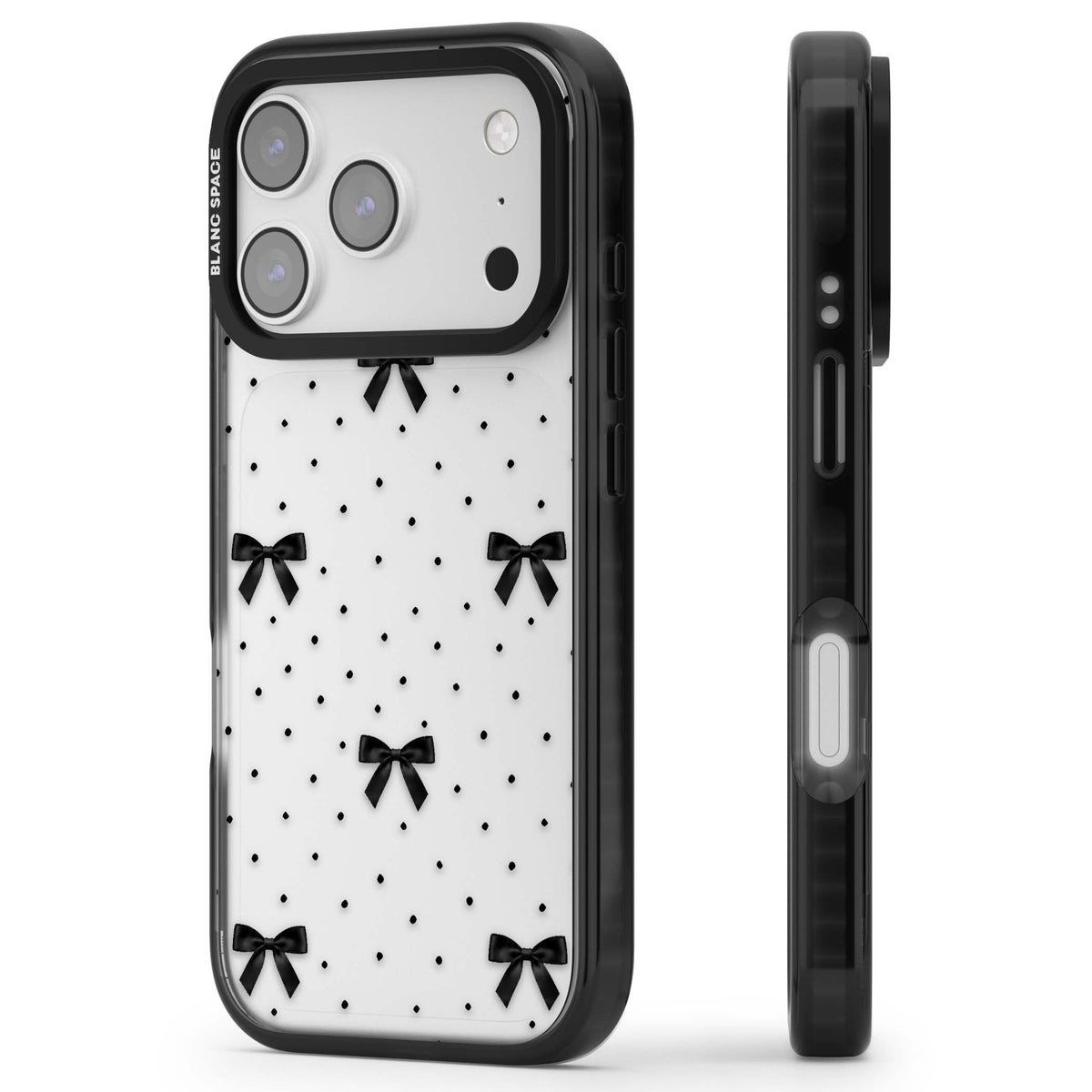 Black Polka Bows coquette iPhone case featuring scattered black satin bows and tiny polka dots on a clear base | Clear Impact case for iPhone 17 Pro, iPhone 17 Pro Max