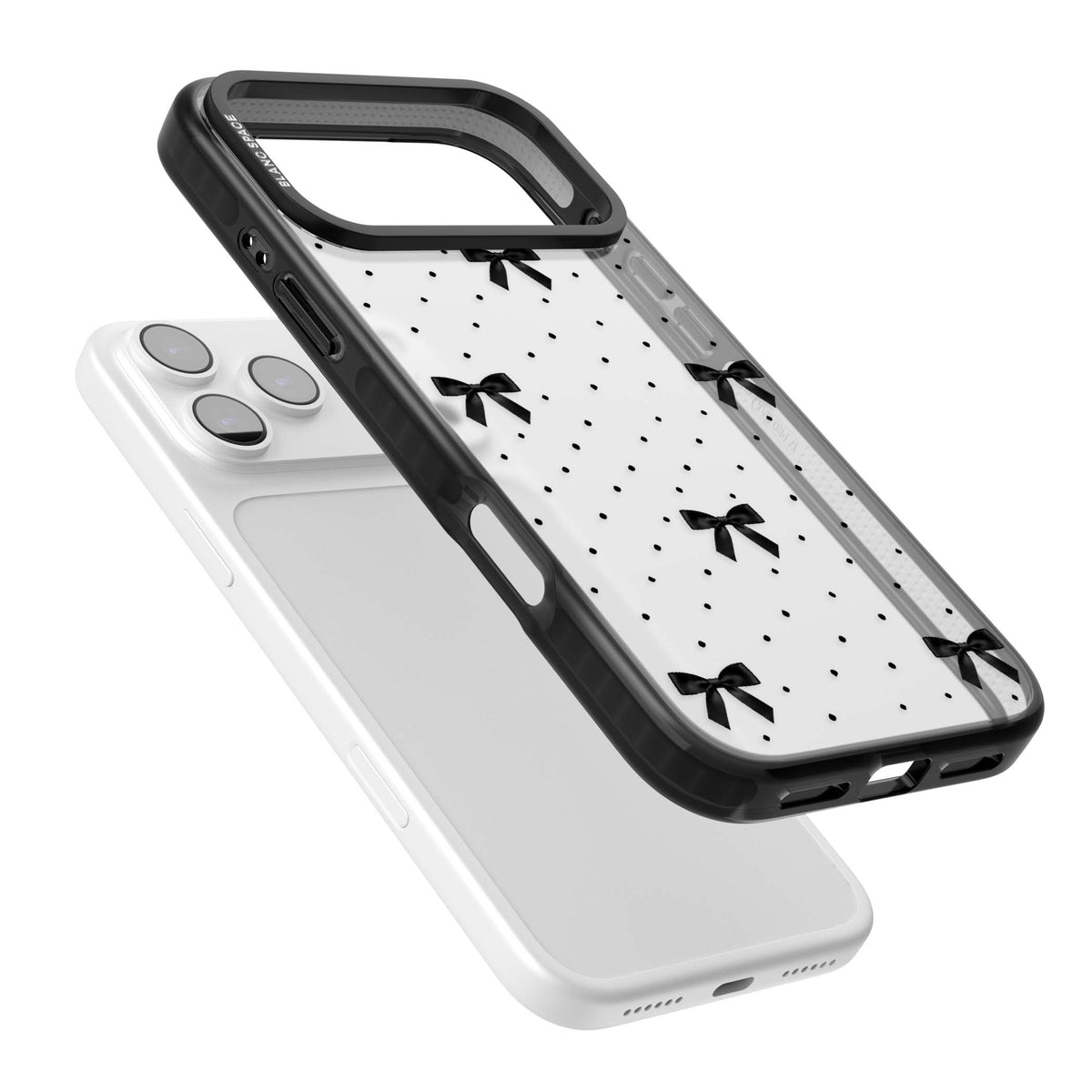 Black Polka Bows coquette iPhone case featuring scattered black satin bows and tiny polka dots on a clear base | Clear Impact case for iPhone 17 Pro, iPhone 17 Pro Max
