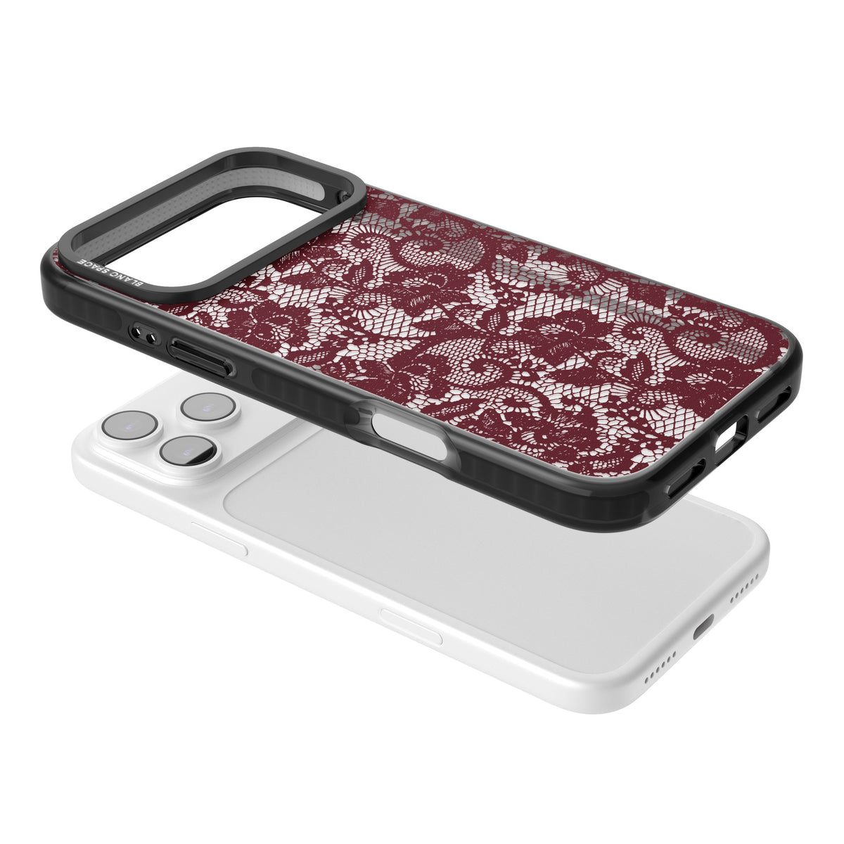 Burgundy Lace iPhone 17 Pro Max Impact Black Phone Case angled