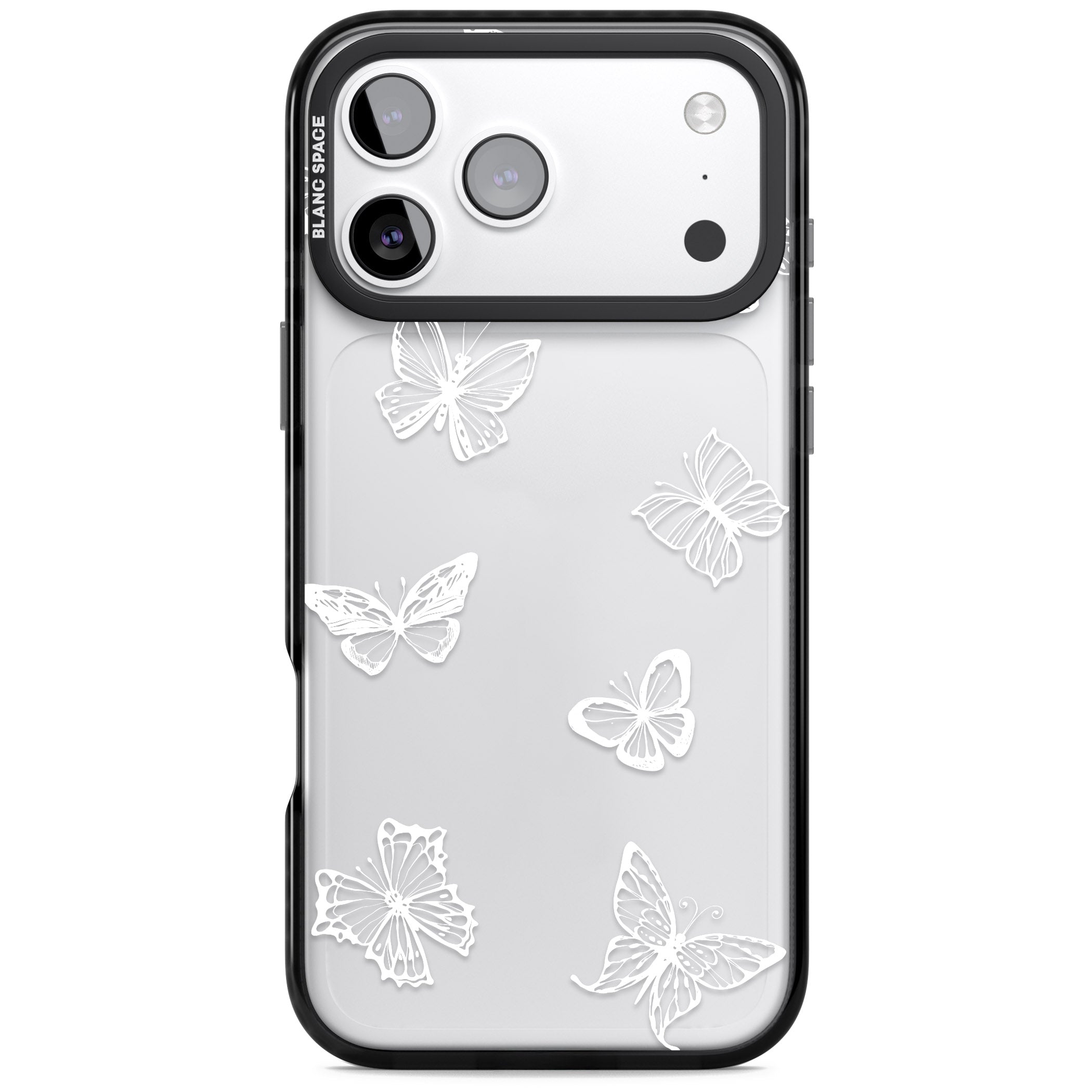 White Butterfly Line Pattern iPhone 17 Pro Impact Black Phone Case