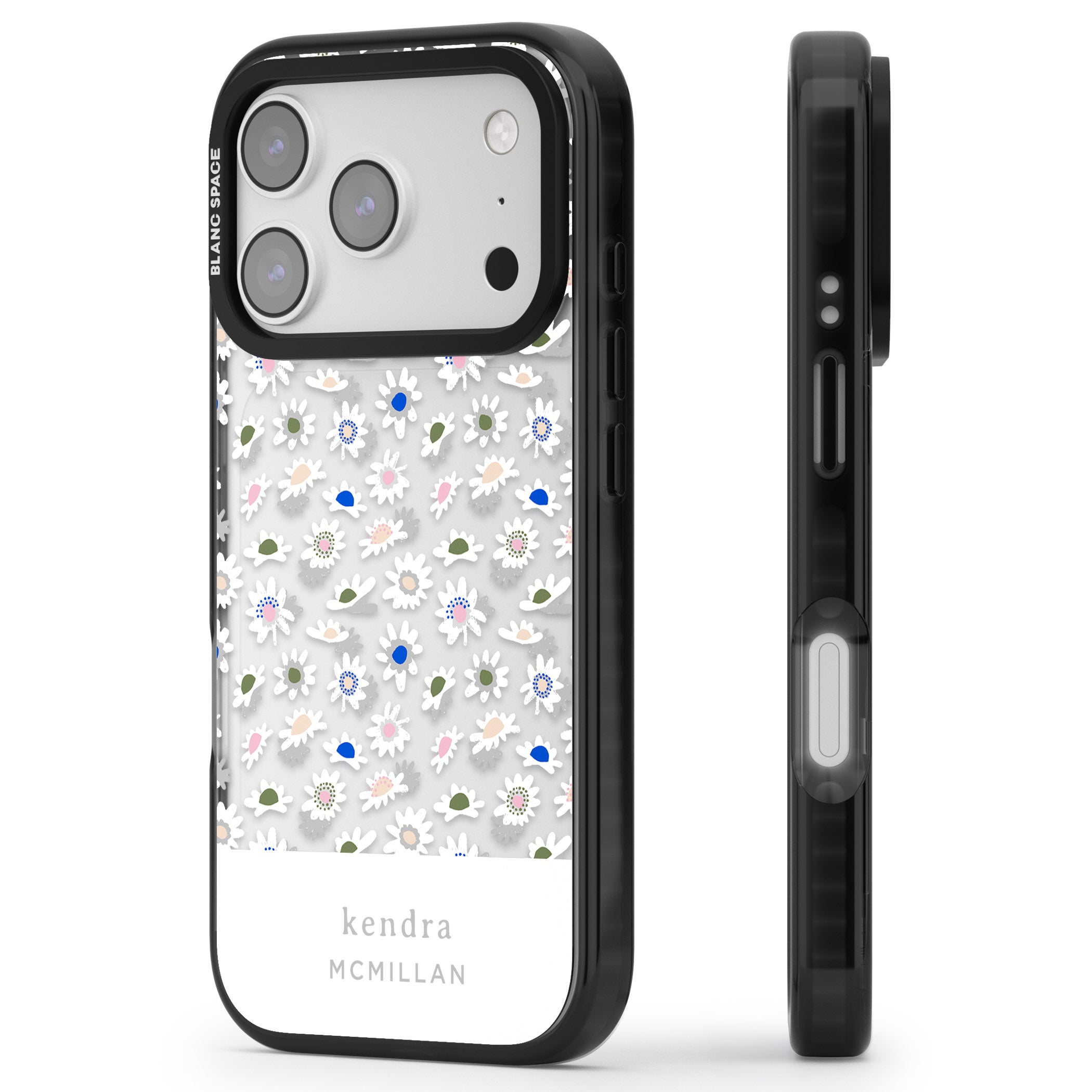 Personalised Grey & White Daisies iPhone 17 Pro Impact Black Phone Case Side Profile