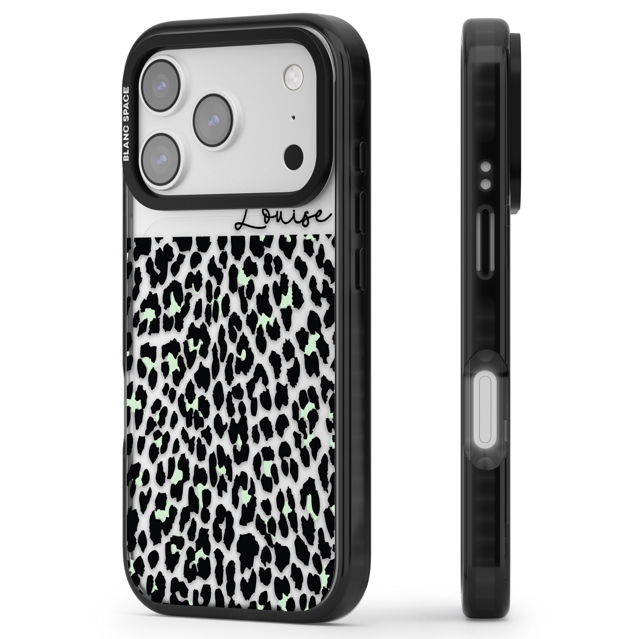 Personalised Seafoam Leopard iPhone 17 Pro Impact Black Phone Case Side Profile