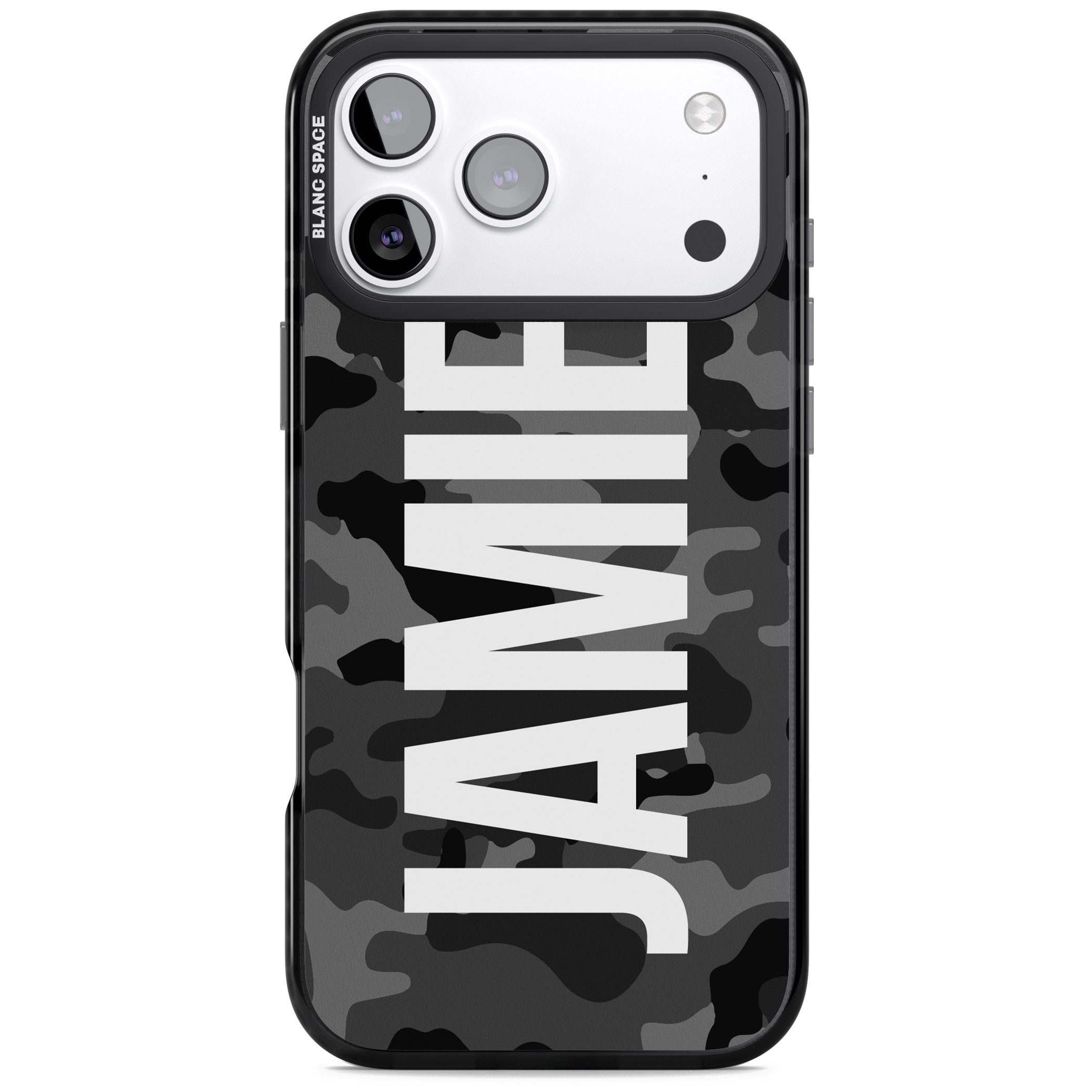 Personalised Black Camo Name Vertical iPhone 17 Pro Impact Black Phone Case