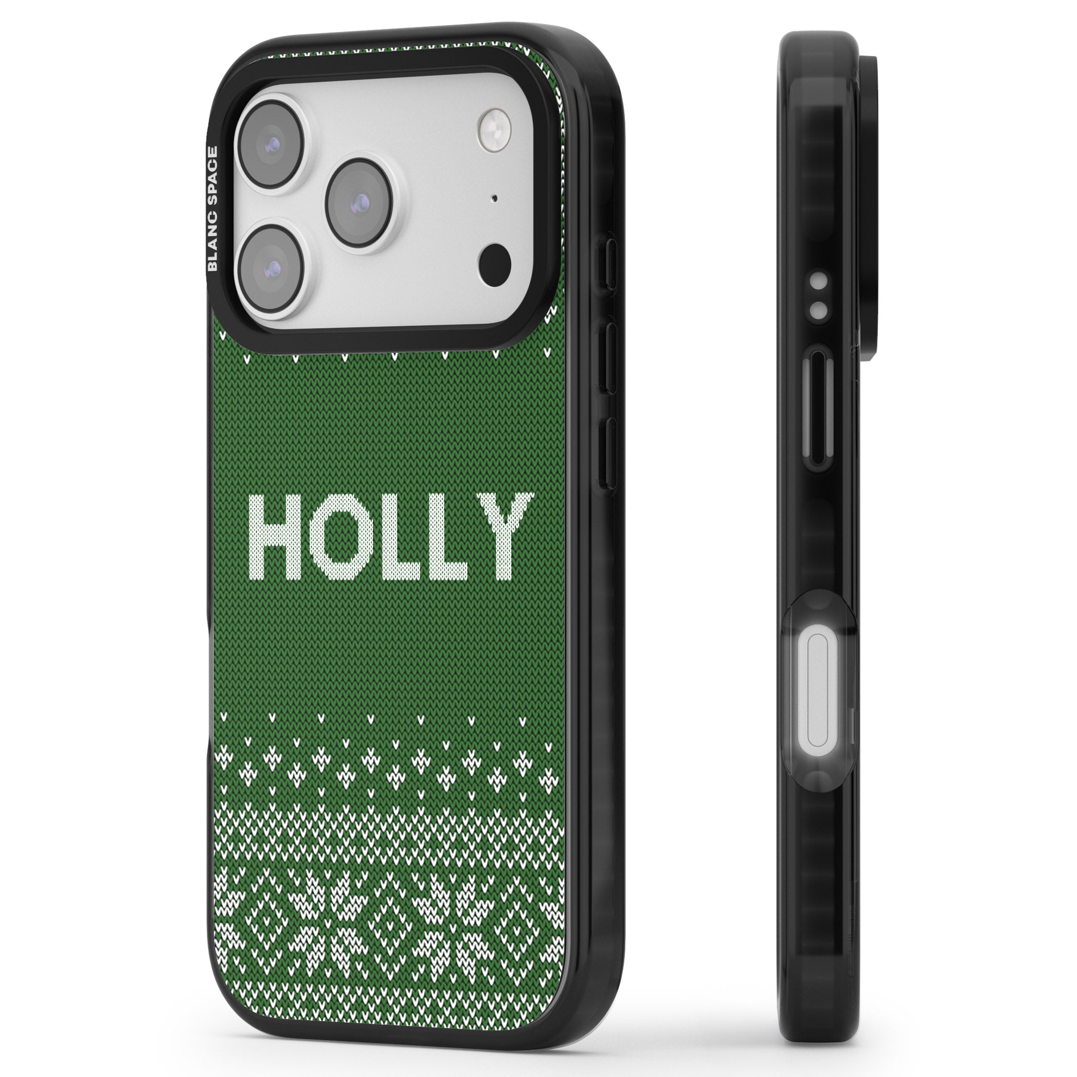 Personalised Green Christmas Knit iPhone 17 Pro Impact Black Phone Case Side Profile