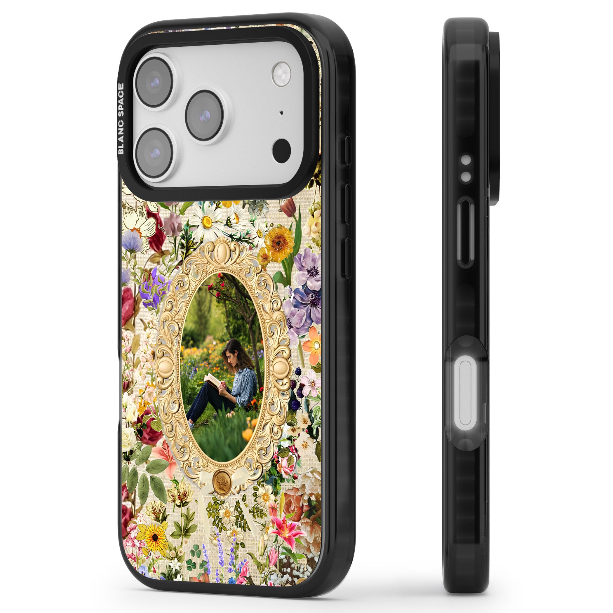 Personalised Vintage Wildflower Frame iPhone 17 Pro Impact Black Phone Case Side Profile