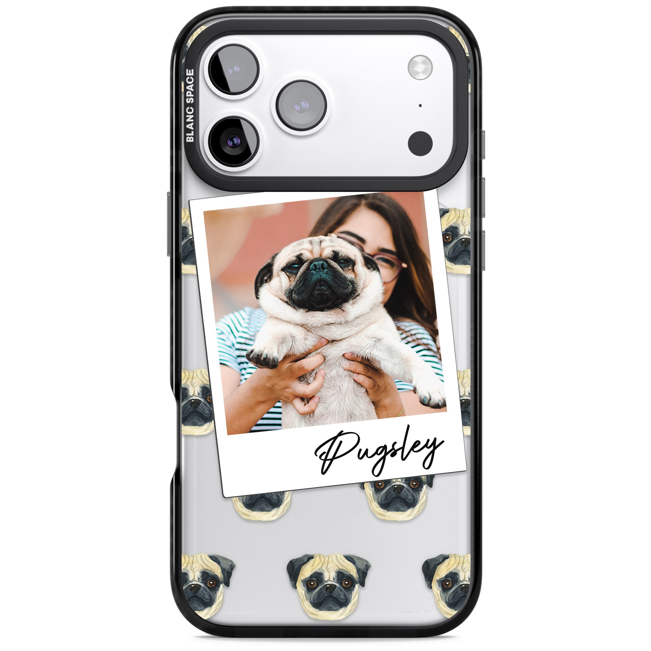 Personalised Pug Instant Camera Photo iPhone 17 Pro Impact Black Phone Case