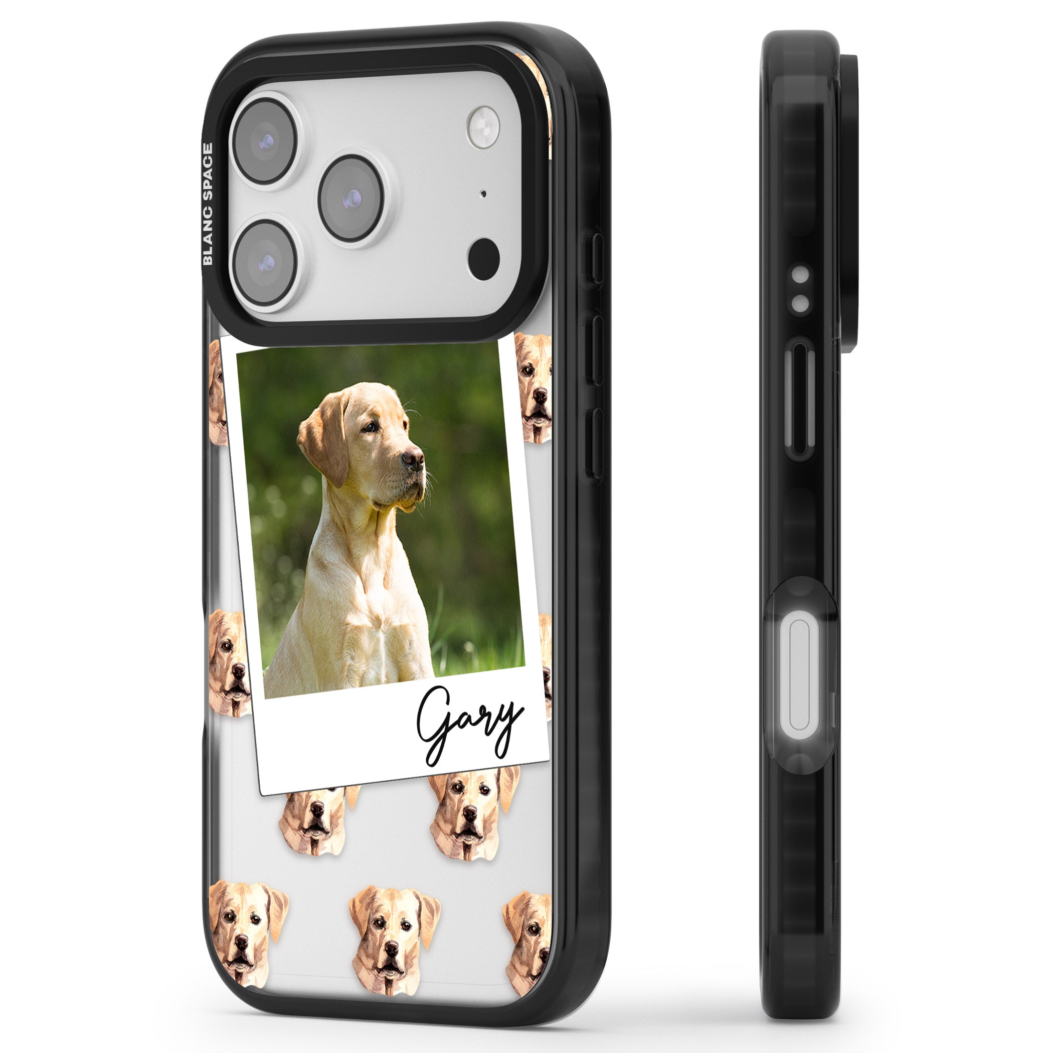 Personalised Tan Black Labrador Instant Camera Photo iPhone 17 Pro Impact Black Phone Case Side Profile