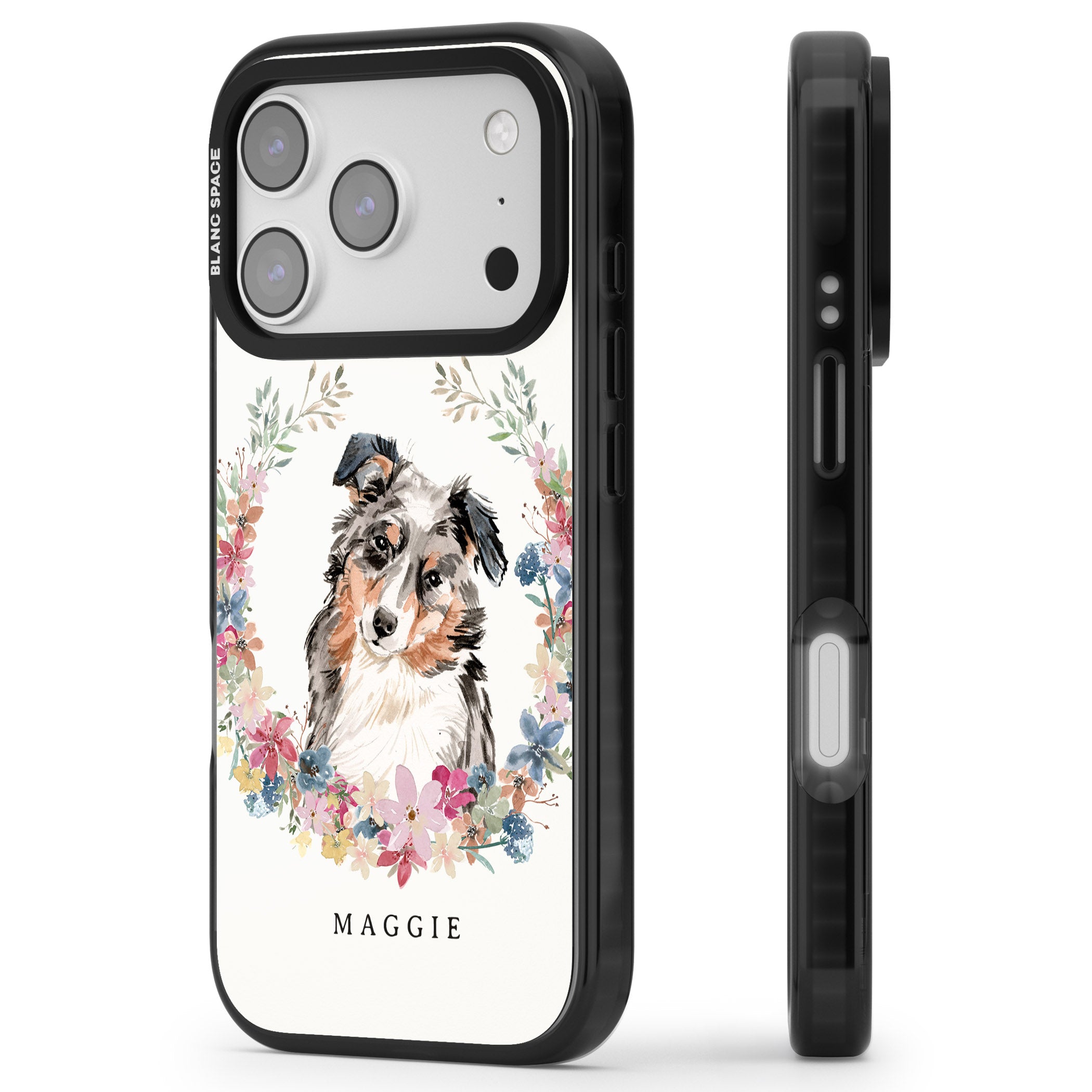 Personalised Australian Shepherd Floral Portrait iPhone 17 Pro Impact Black Phone Case Side Profile