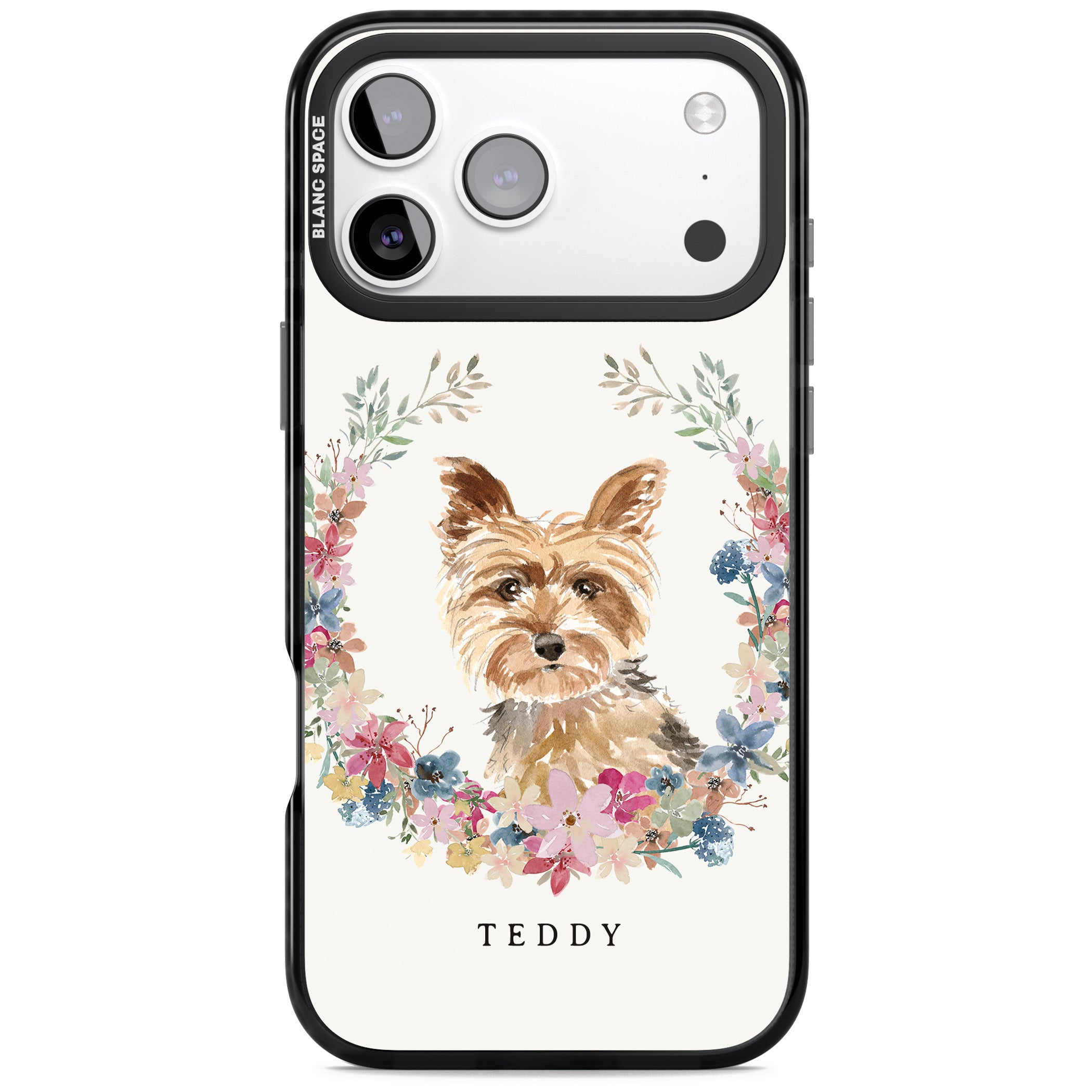 Personalised Yorkshire Terrier Floral Portrait iPhone 17 Pro Impact Black Phone Case