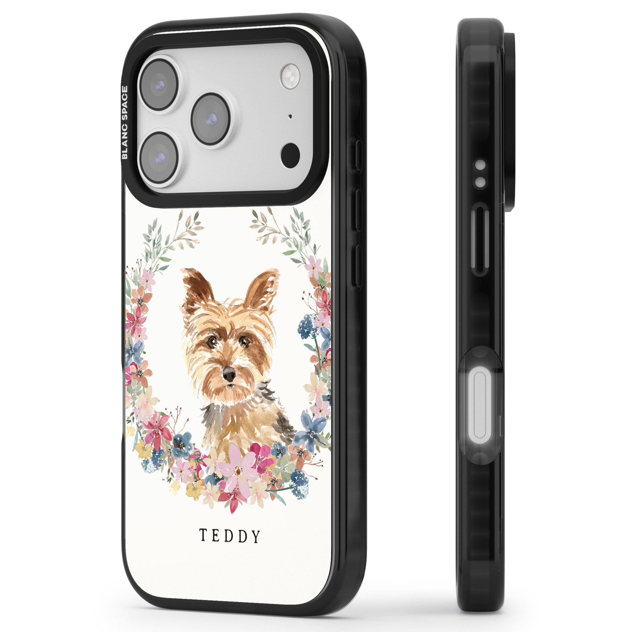 Personalised Yorkshire Terrier Floral Portrait iPhone 17 Pro Impact Black Phone Case Side Profile