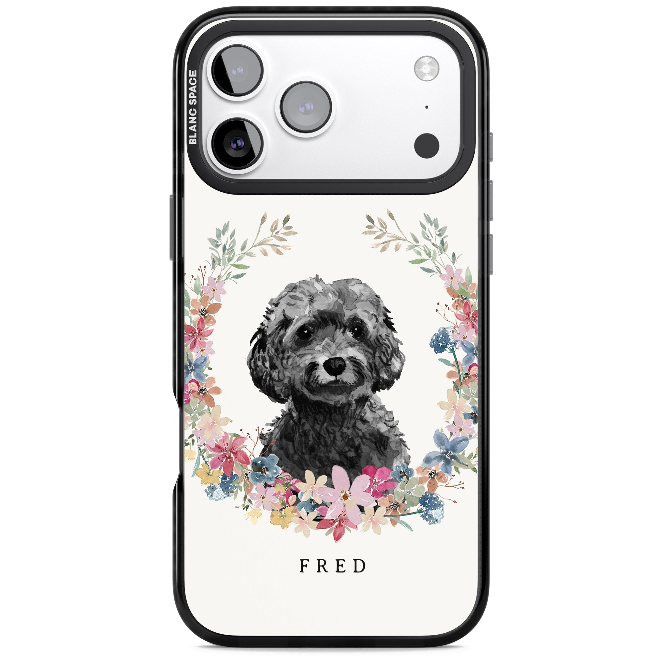 Personalised Black Cockapoo Floral Portrait iPhone 17 Pro Impact Black Phone Case