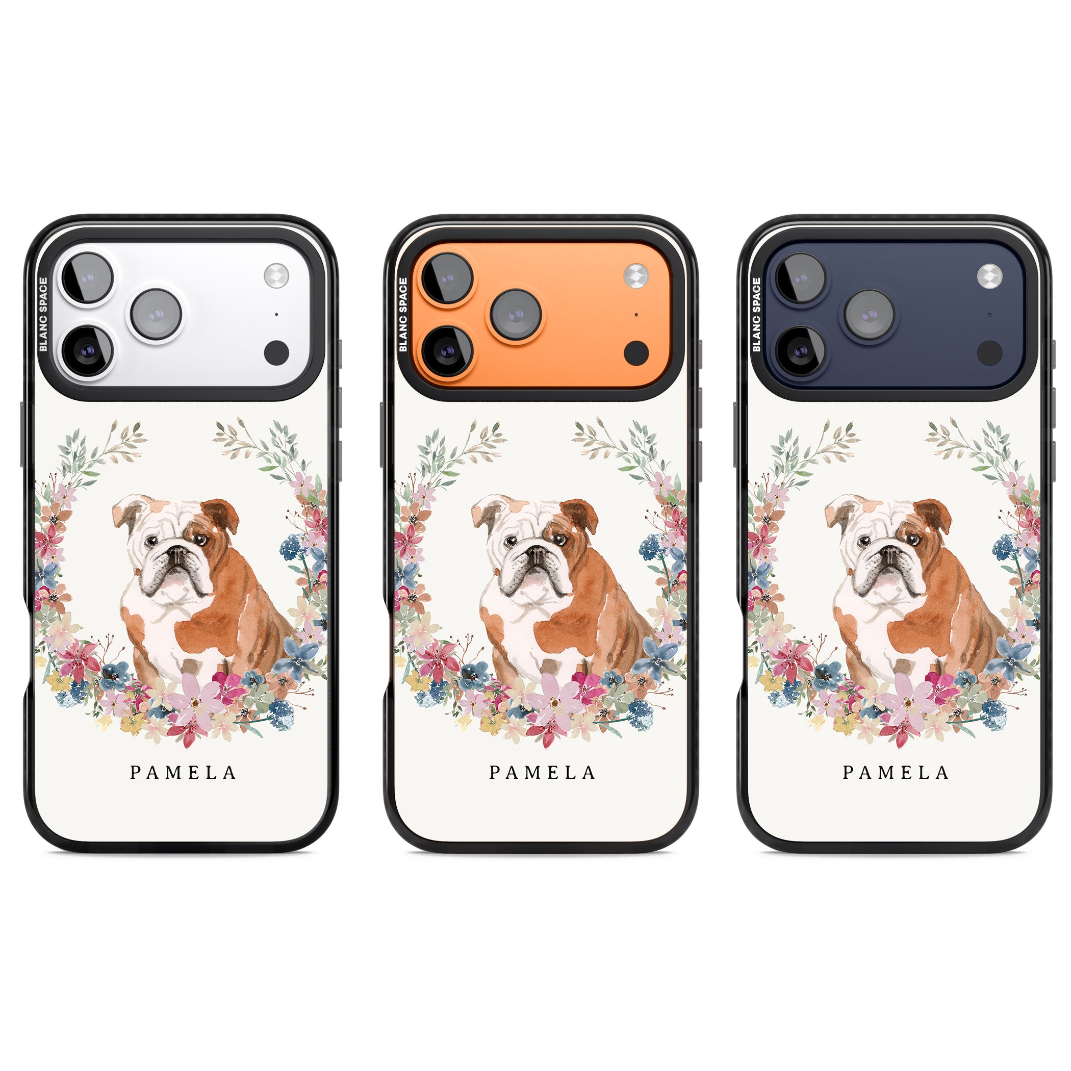 Personalised English Bulldog Floral Portrait iPhone 17 Pro Impact Black Phone Case APT Impact Protection