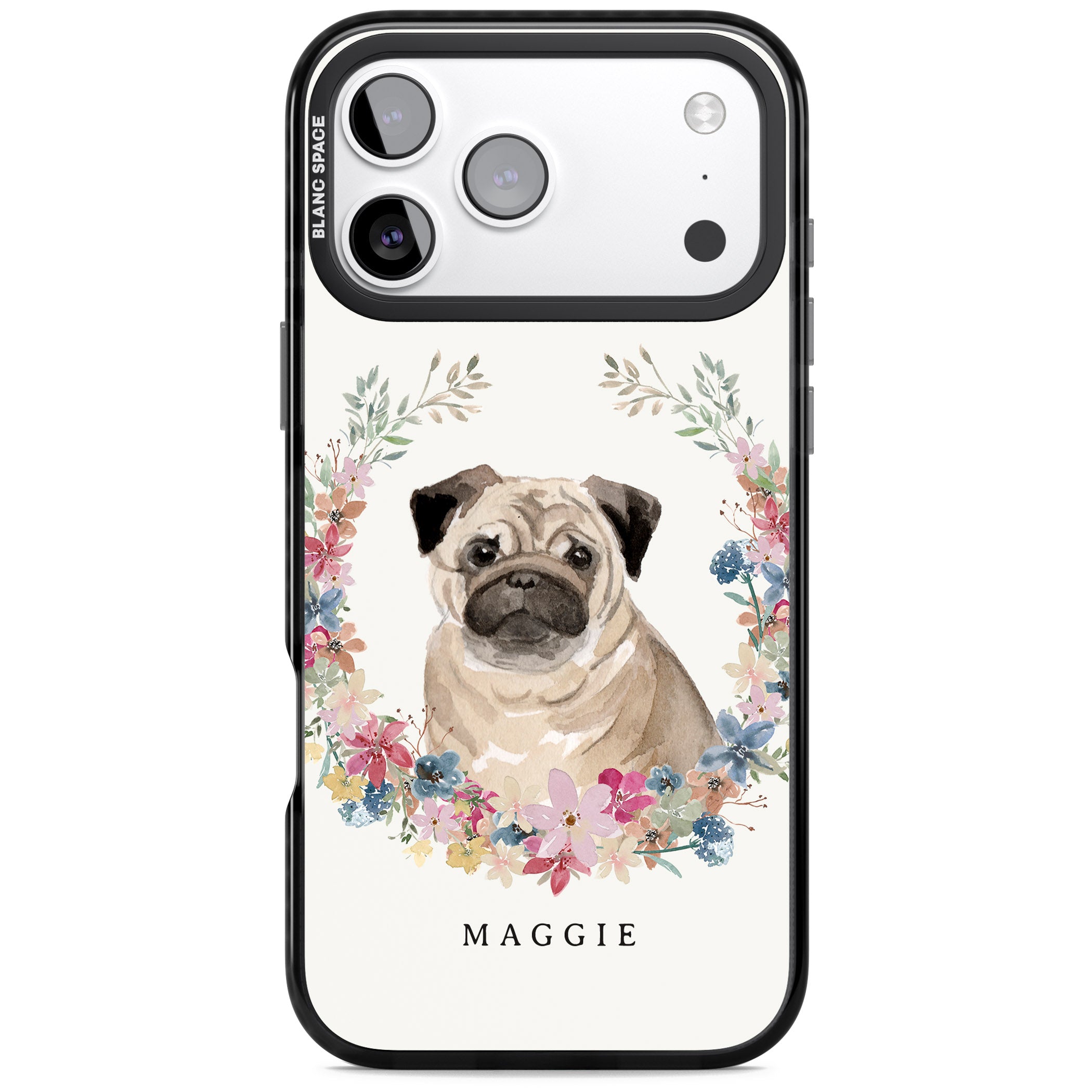 Personalised Pug Floral Portrait iPhone 17 Pro Impact Black Phone Case