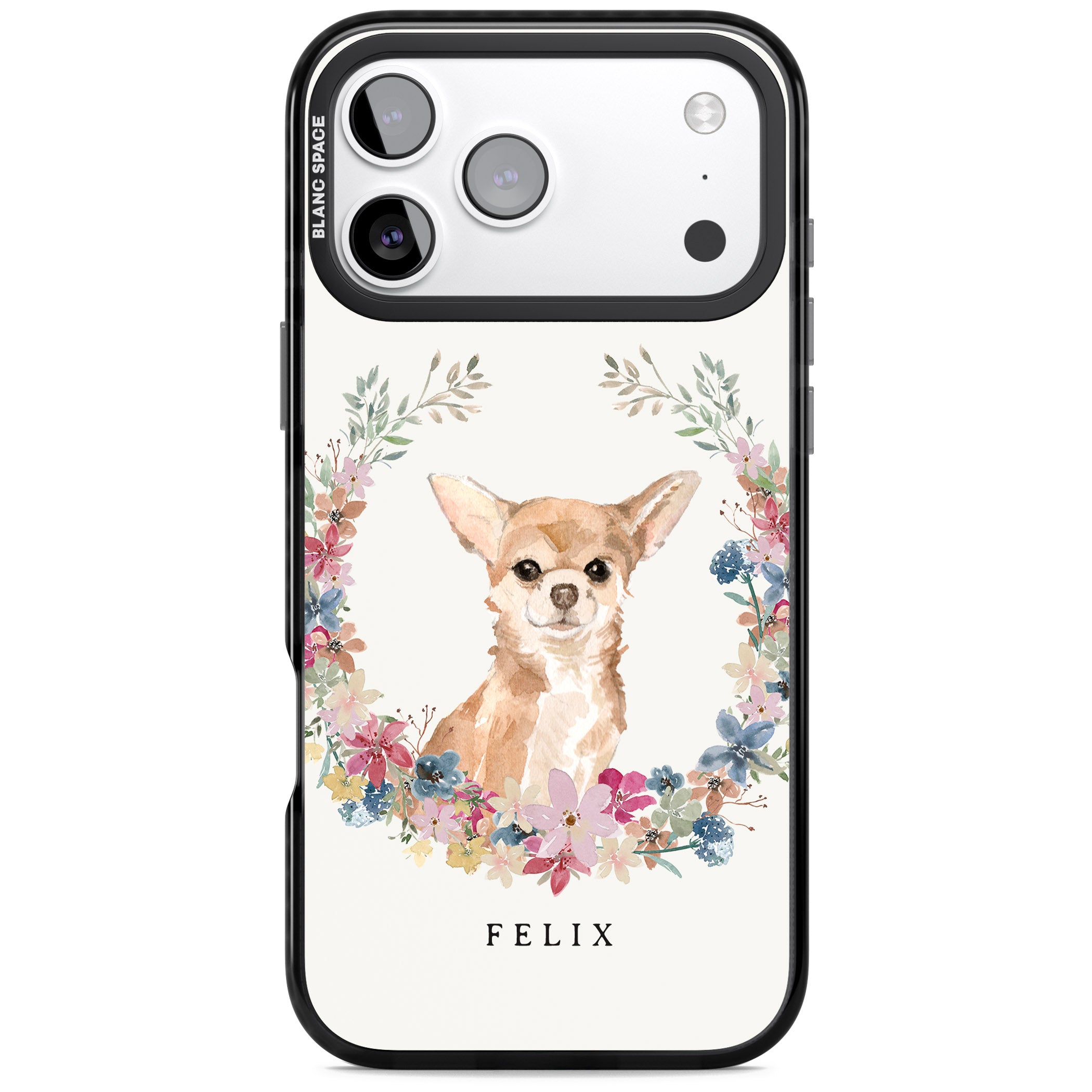Personalised Chihuahua Floral Portrait iPhone 17 Pro Impact Black Phone Case