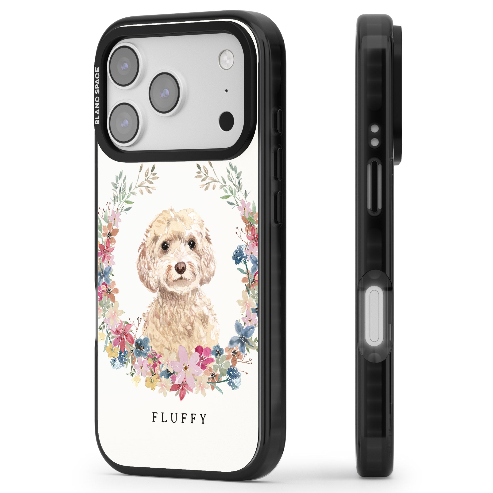 Personalised Champagne Cockapoo Floral Portrait iPhone 17 Pro Impact Black Phone Case Side Profile