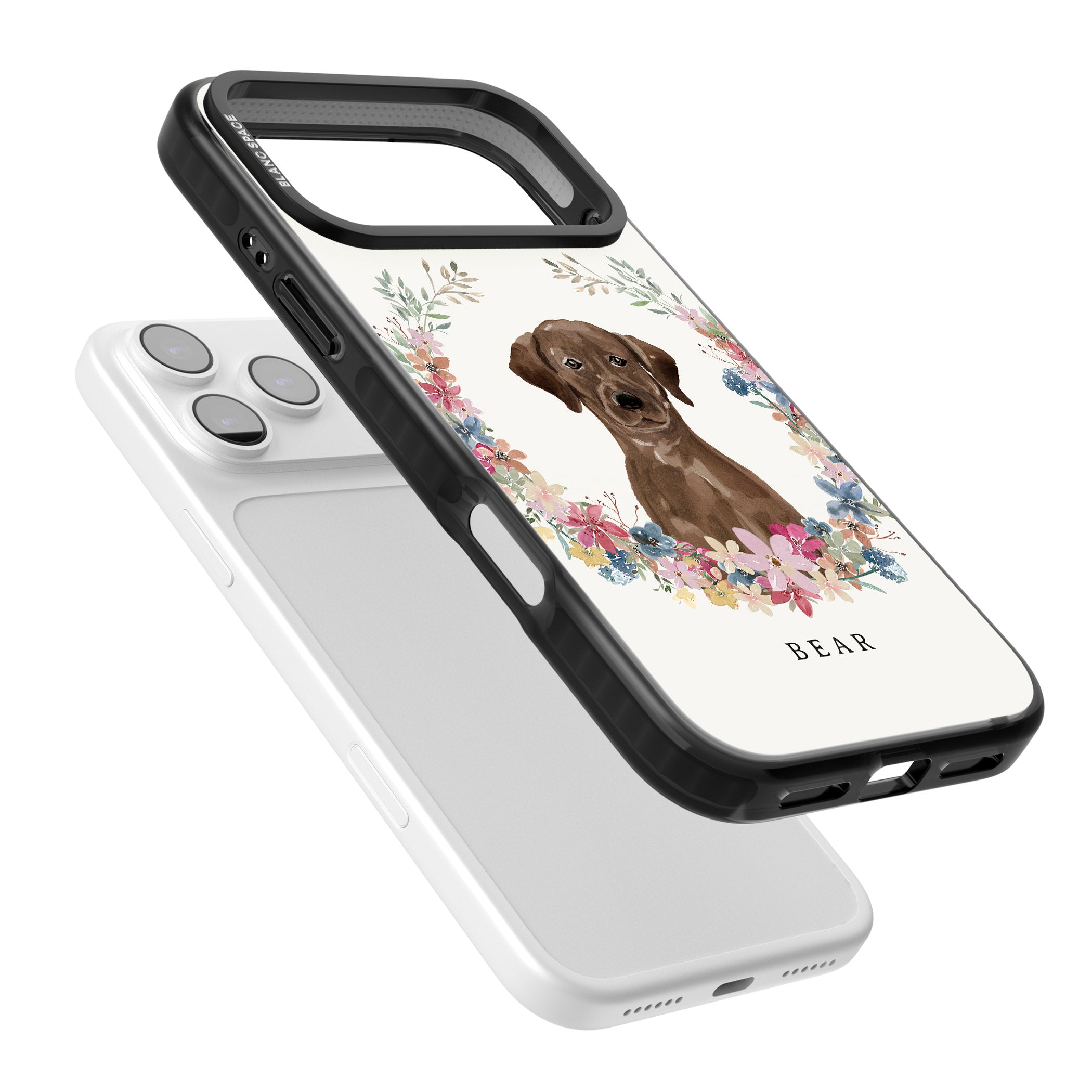Personalised Chocolate Labrador Floral Portrait iPhone 17 Pro Impact Black Phone Case Colours