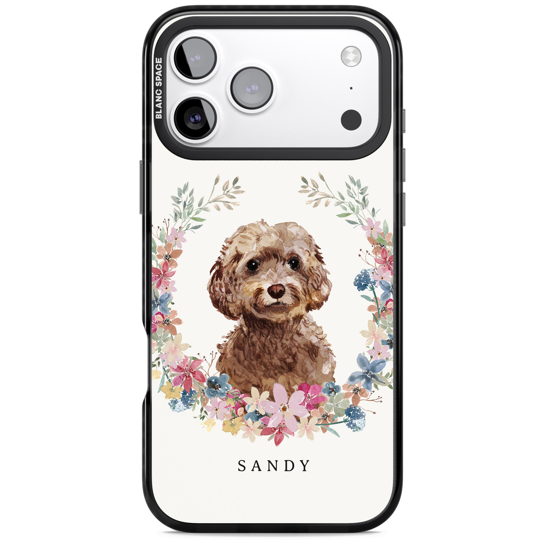 Personalised Brown Cockapoo Floral Portrait iPhone 17 Pro Impact Black Phone Case