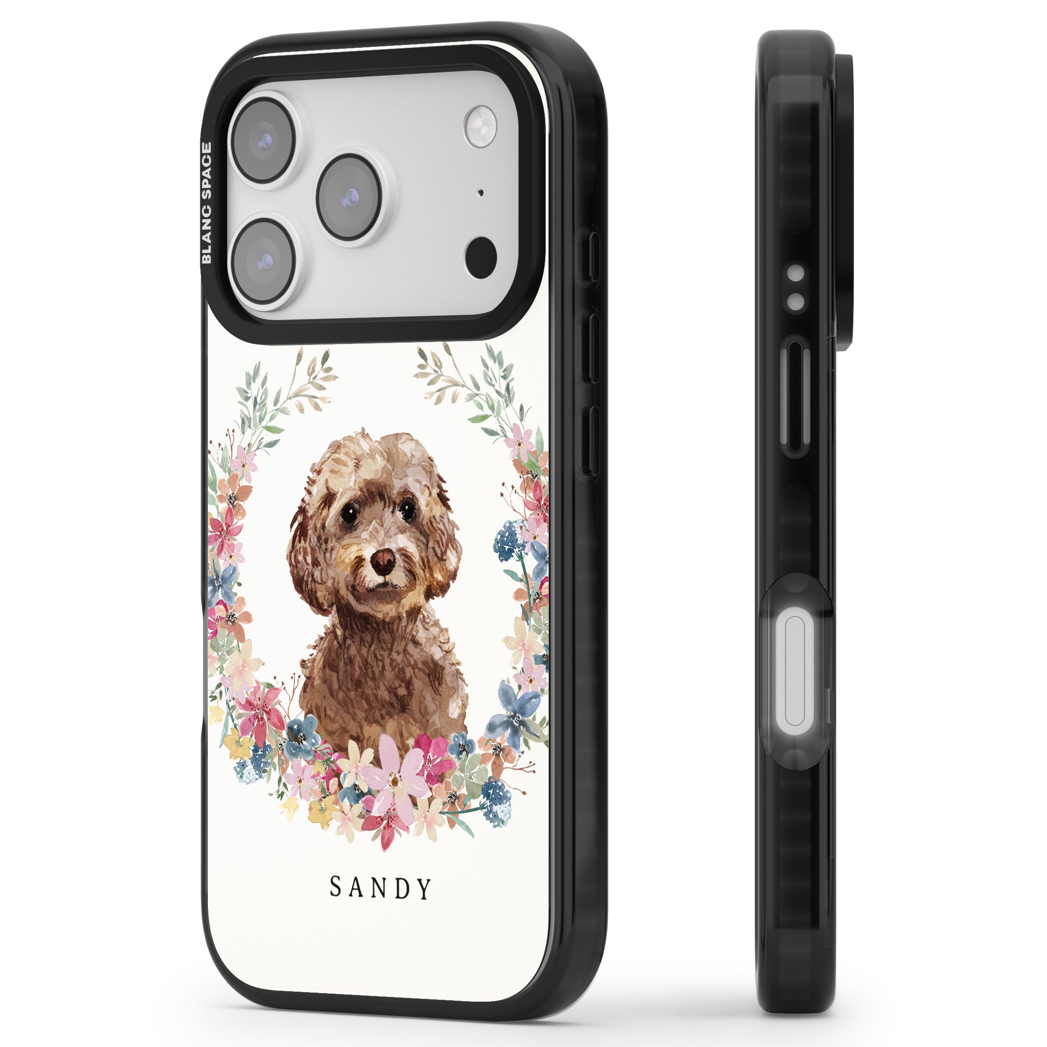 Personalised Brown Cockapoo Floral Portrait iPhone 17 Pro Impact Black Phone Case Side Profile