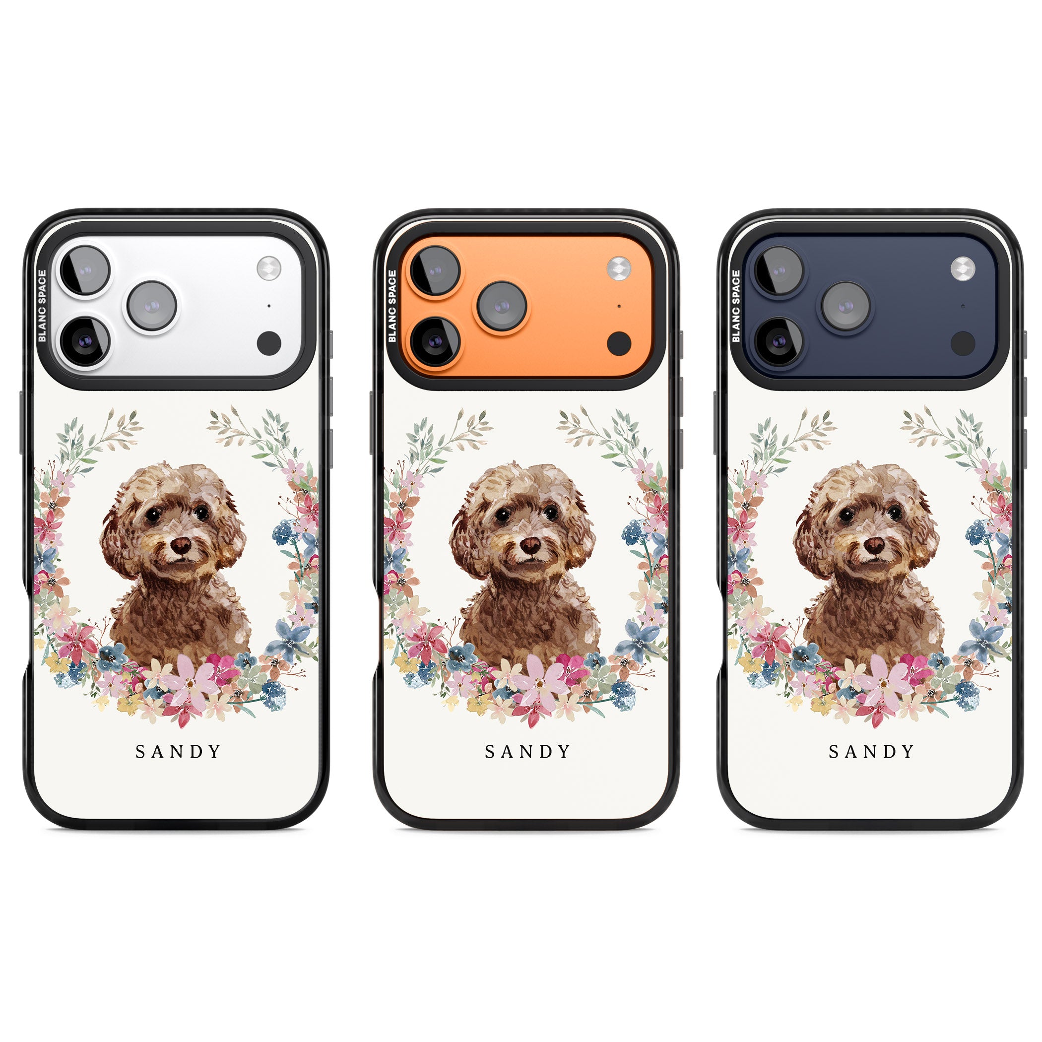 Personalised Brown Cockapoo Floral Portrait iPhone 17 Pro Impact Black Phone Case APT Impact Protection