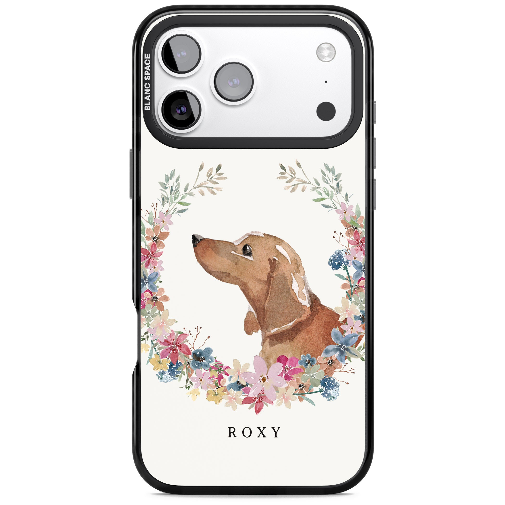 Personalised Tan Dachshund Floral Portrait iPhone 17 Pro Impact Black Phone Case