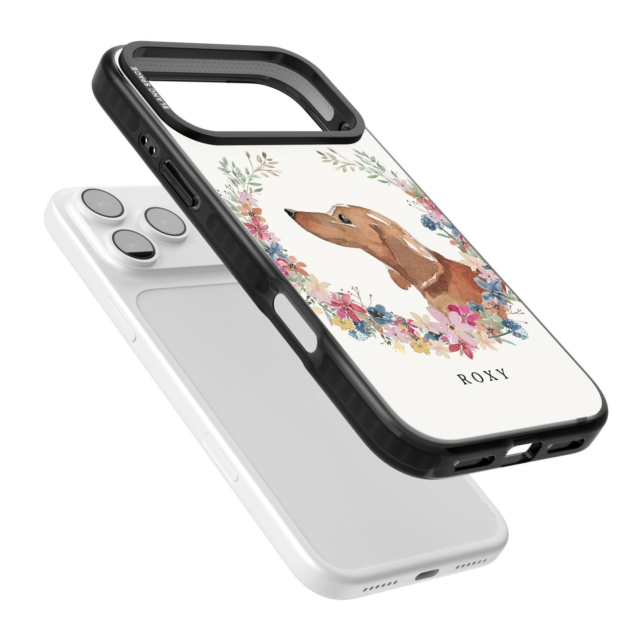Personalised Tan Dachshund Floral Portrait iPhone 17 Pro Impact Black Phone Case Colours