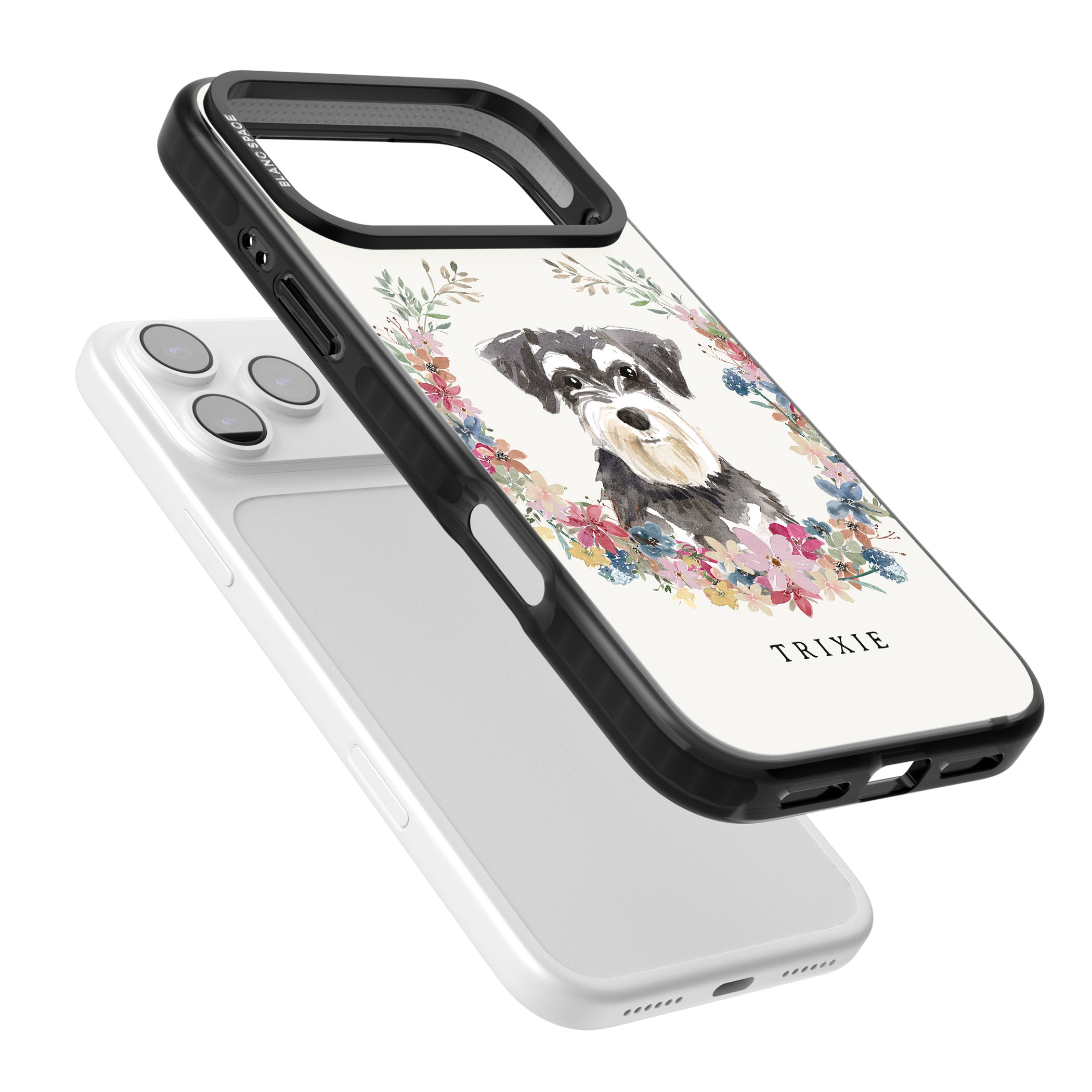 Personalised Watercolor Schnauzer Floral Portrait iPhone 17 Pro Impact Black Phone Case Colours