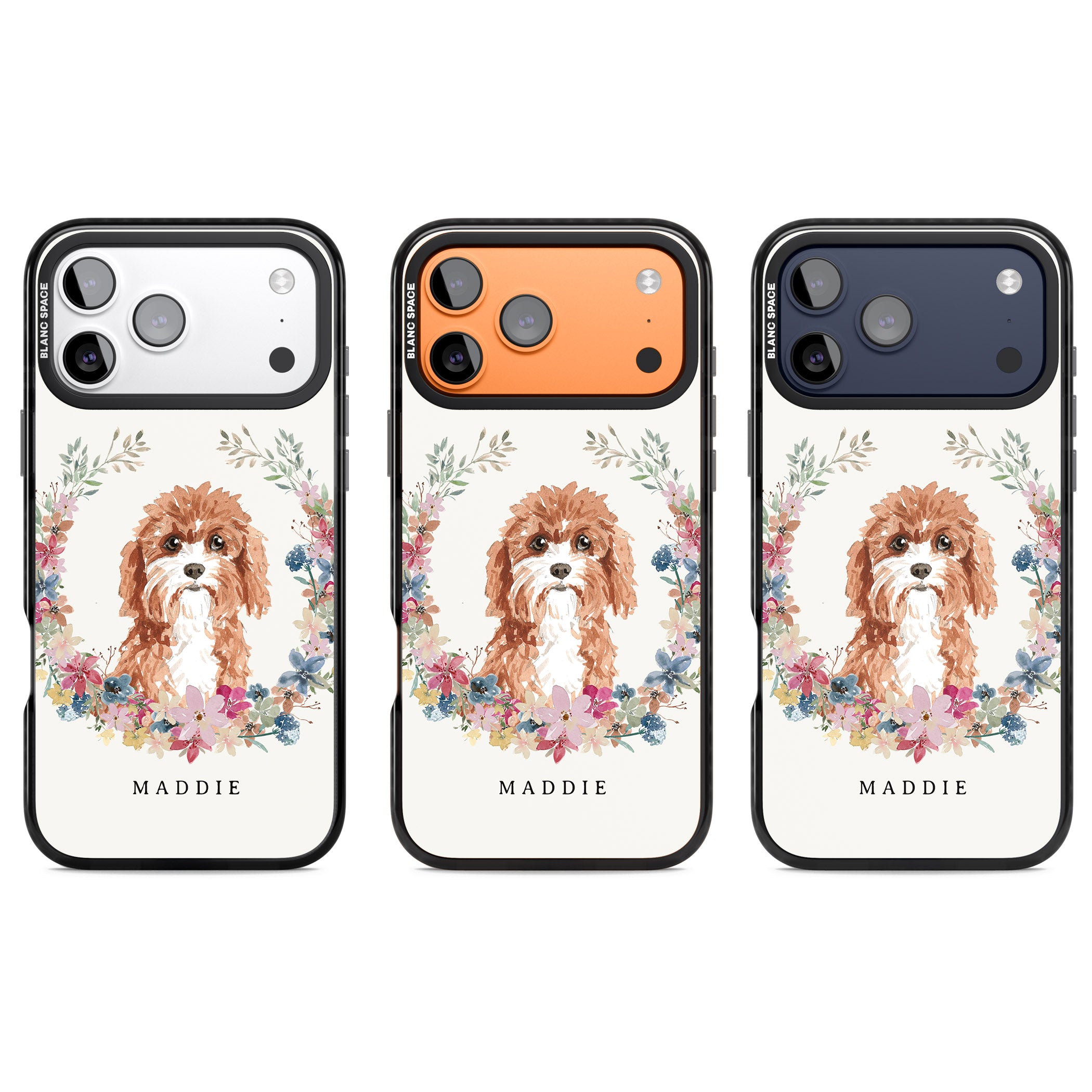 Personalised Cavapoo Floral Portrait iPhone 17 Pro Impact Black Phone Case APT Impact Protection