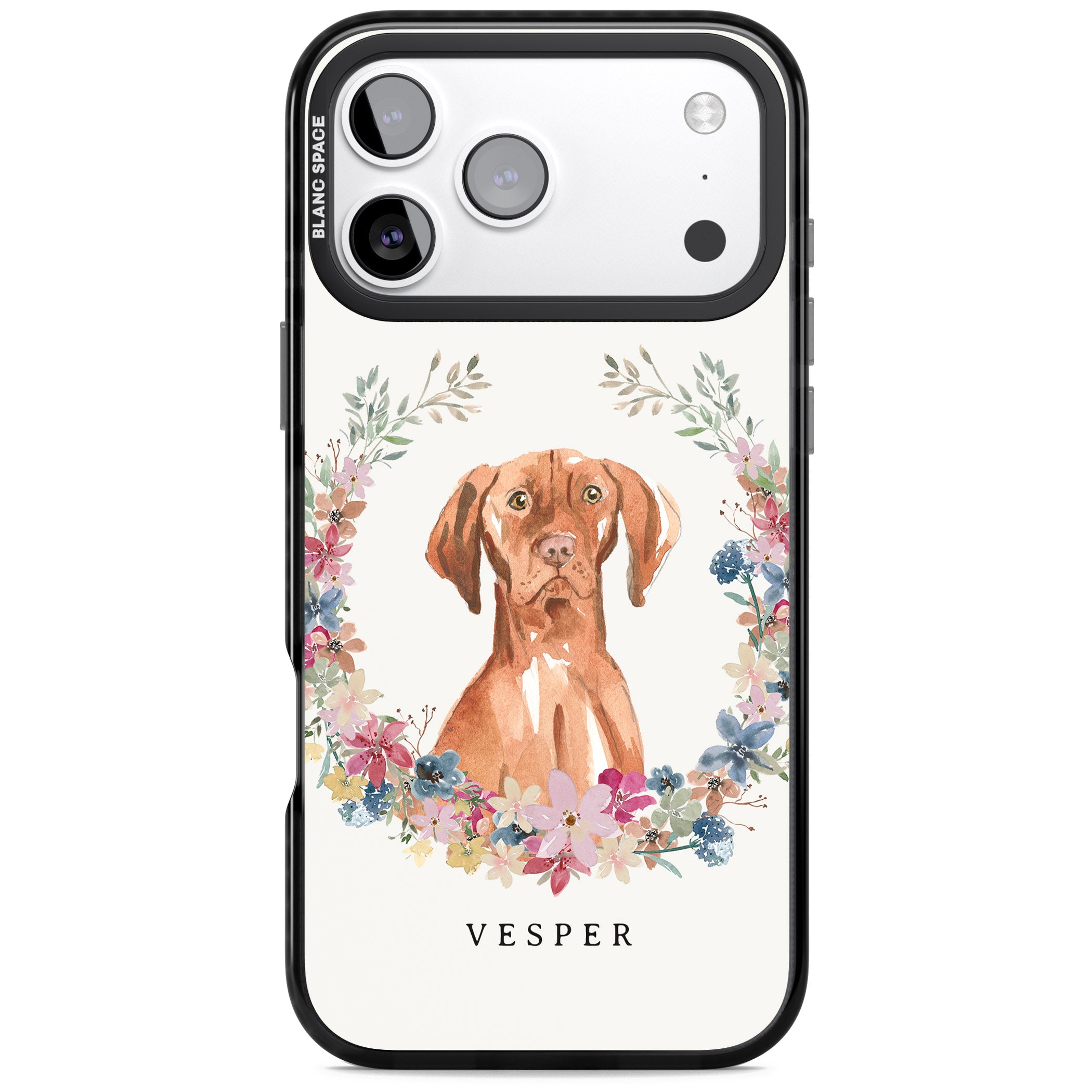 Personalised Hungarian Vizsla Floral Portrait iPhone 17 Pro Impact Black Phone Case