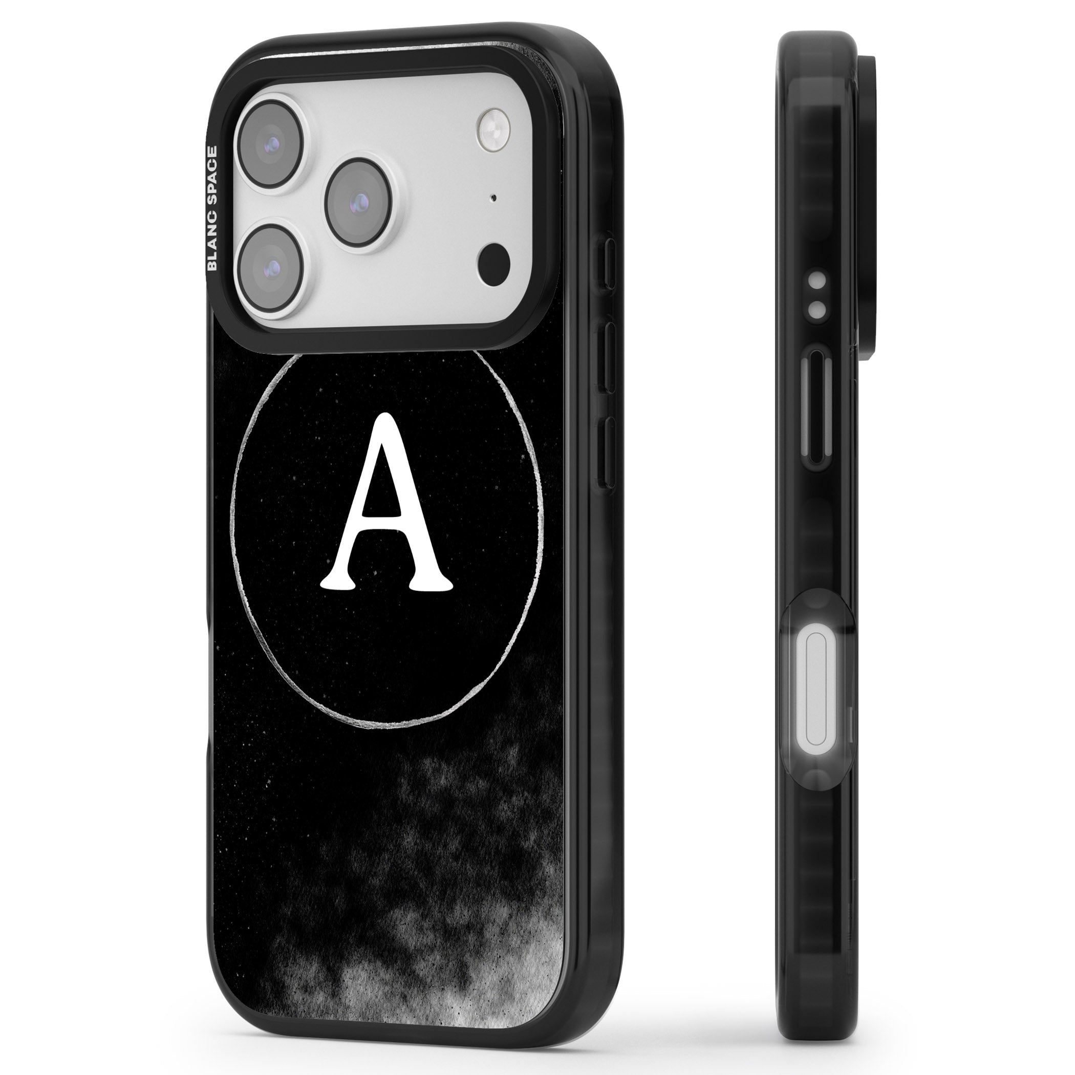 Personalised Monochrome Cosmic Monogram iPhone 17 Pro Impact Black Phone Case Side Profile