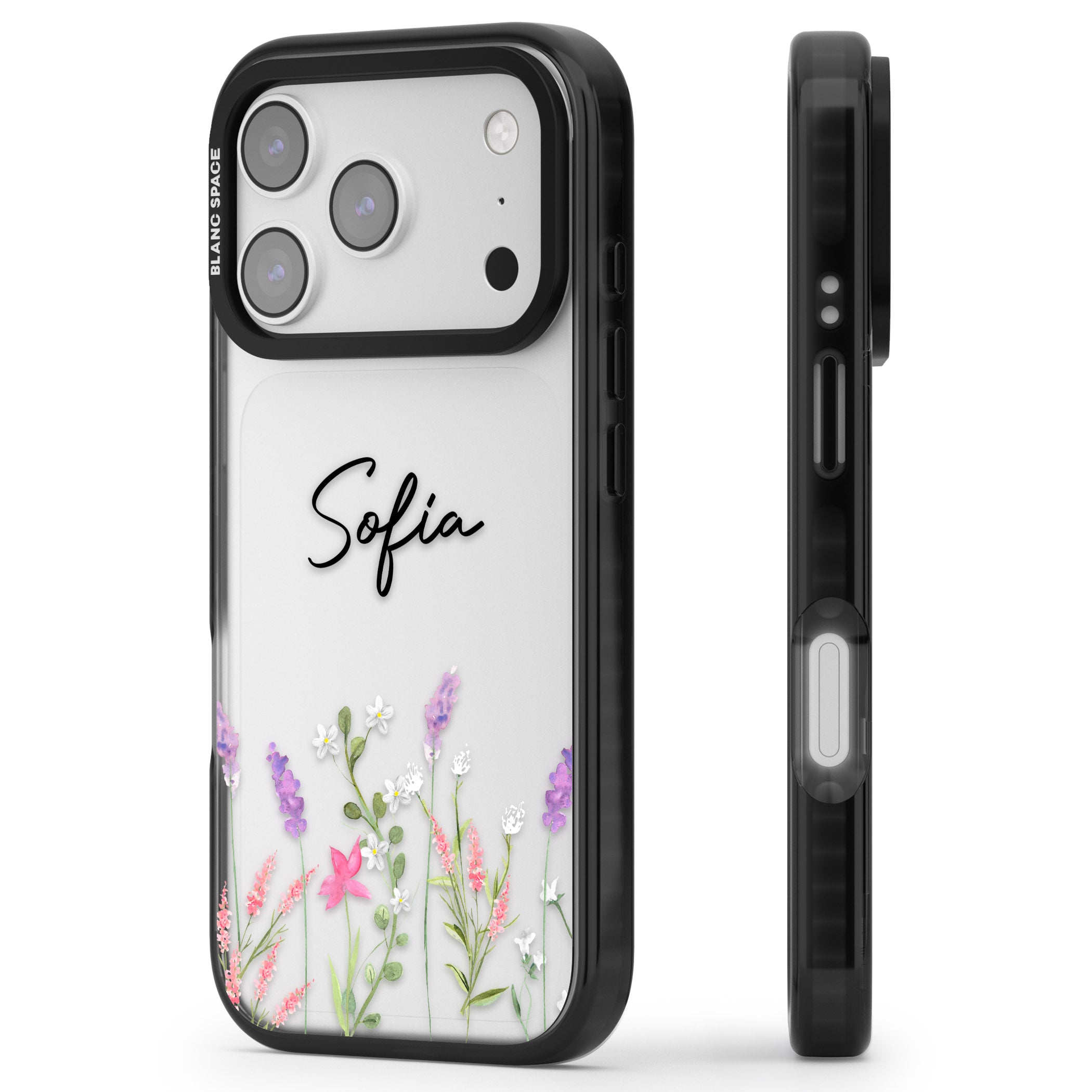 Personalised Lavender Wildflowers iPhone 17 Pro Impact Black Phone Case Side Profile