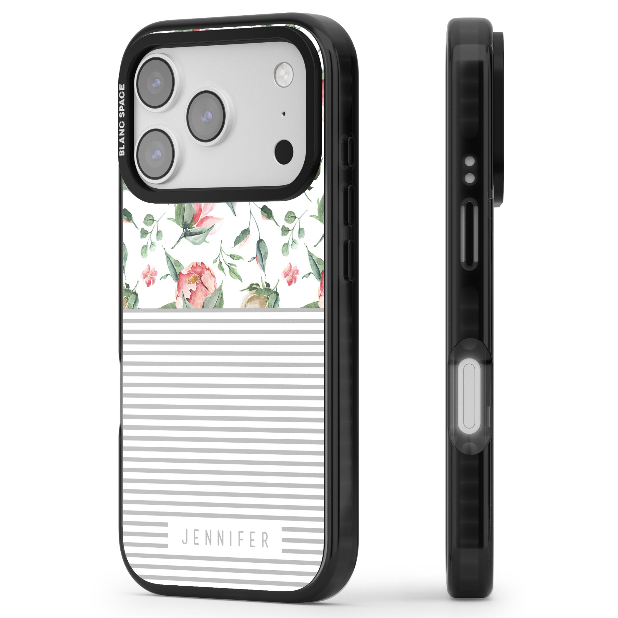 Personalised Light Floral Pattern & Stripes iPhone 17 Pro Impact Black Phone Case Side Profile