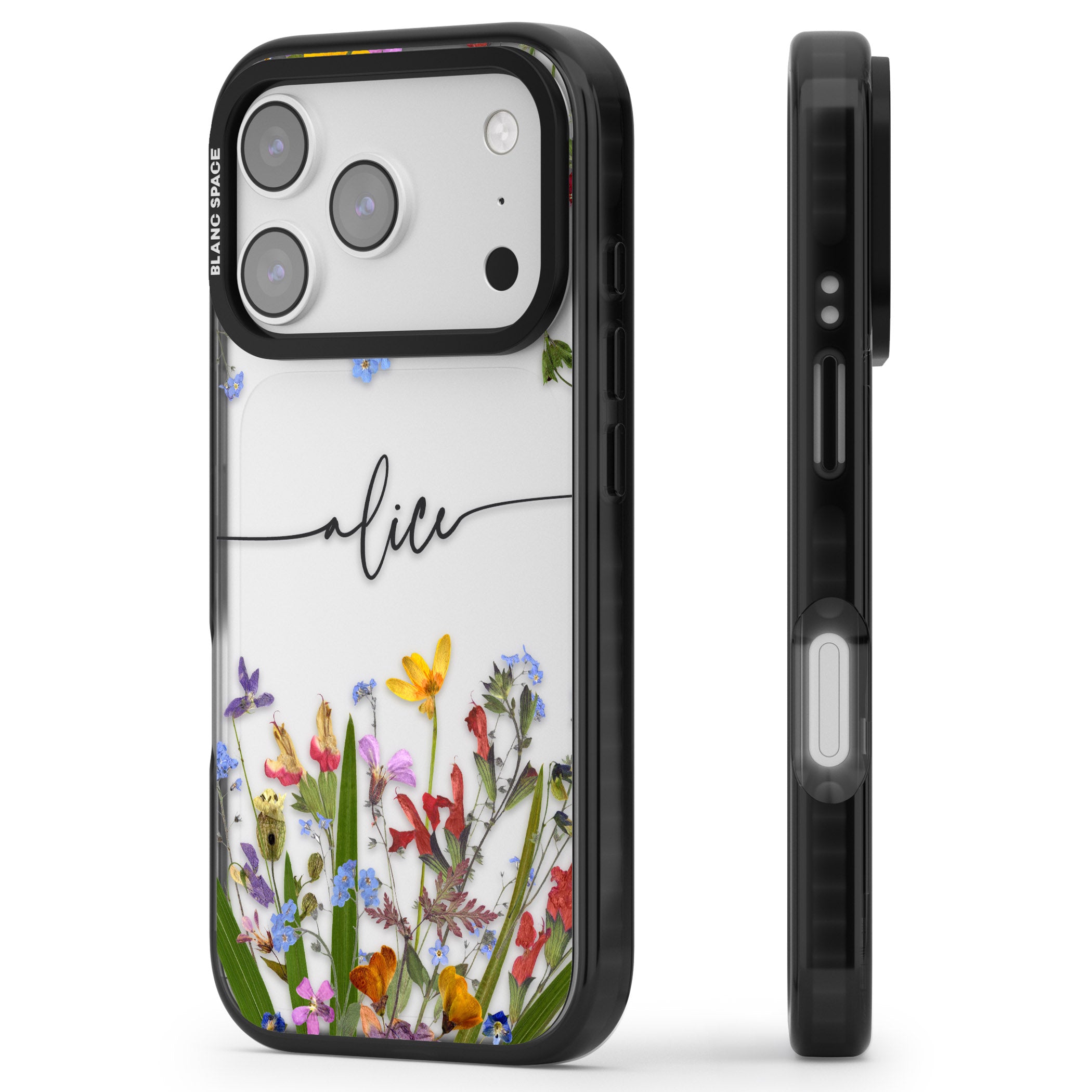 Personalised Wildflower Floral iPhone 17 Pro Impact Black Phone Case Side Profile