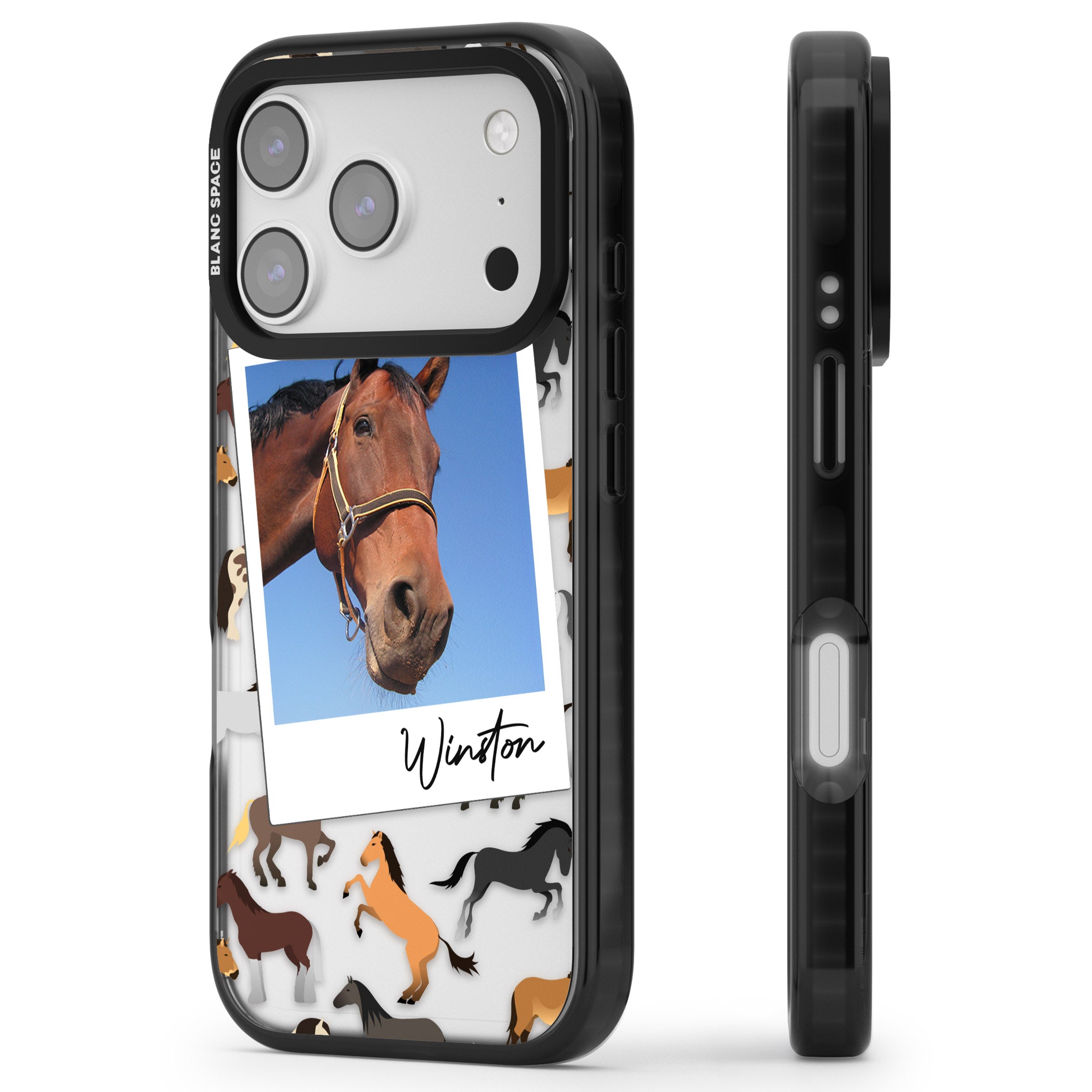 Personalised Horse Polaroid iPhone 17 Pro Impact Black Phone Case Side Profile