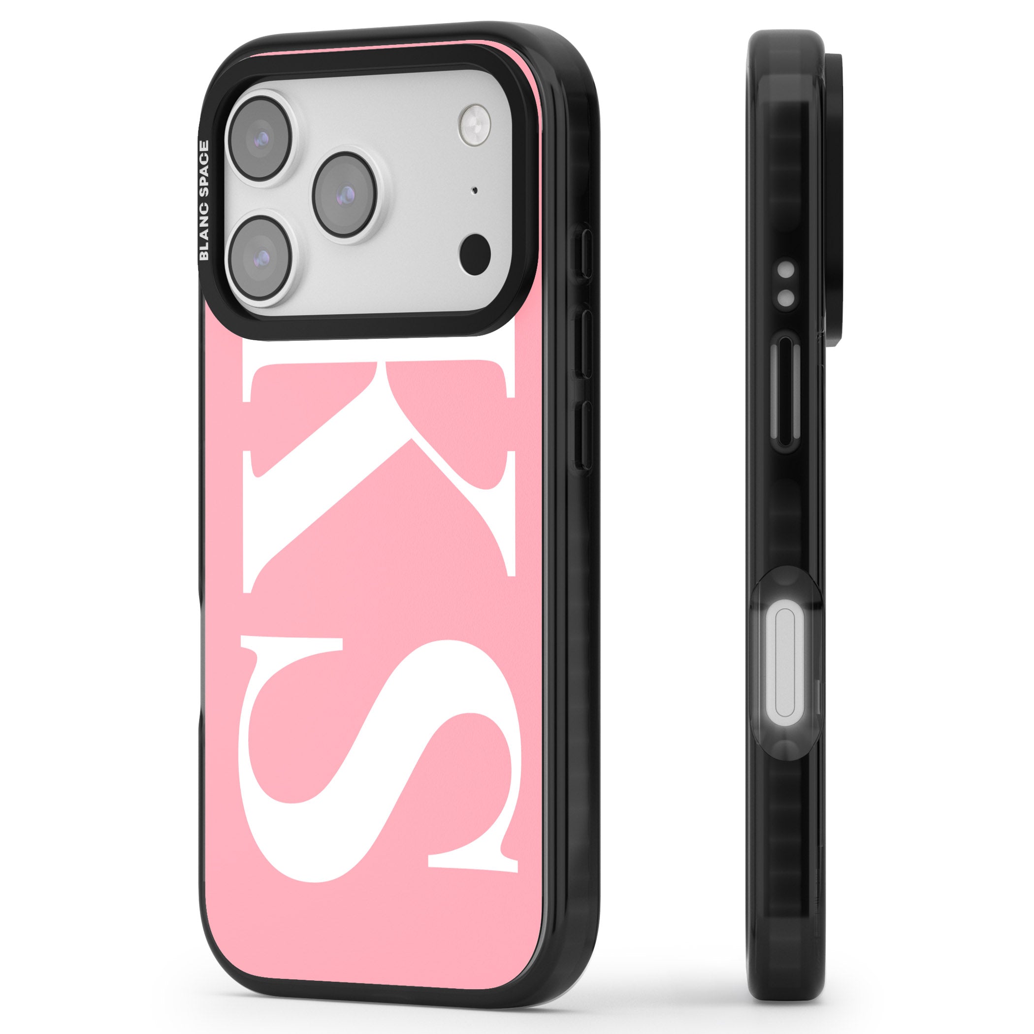 Personalised White & Pink Letters iPhone 17 Pro Impact Black Phone Case Side Profile