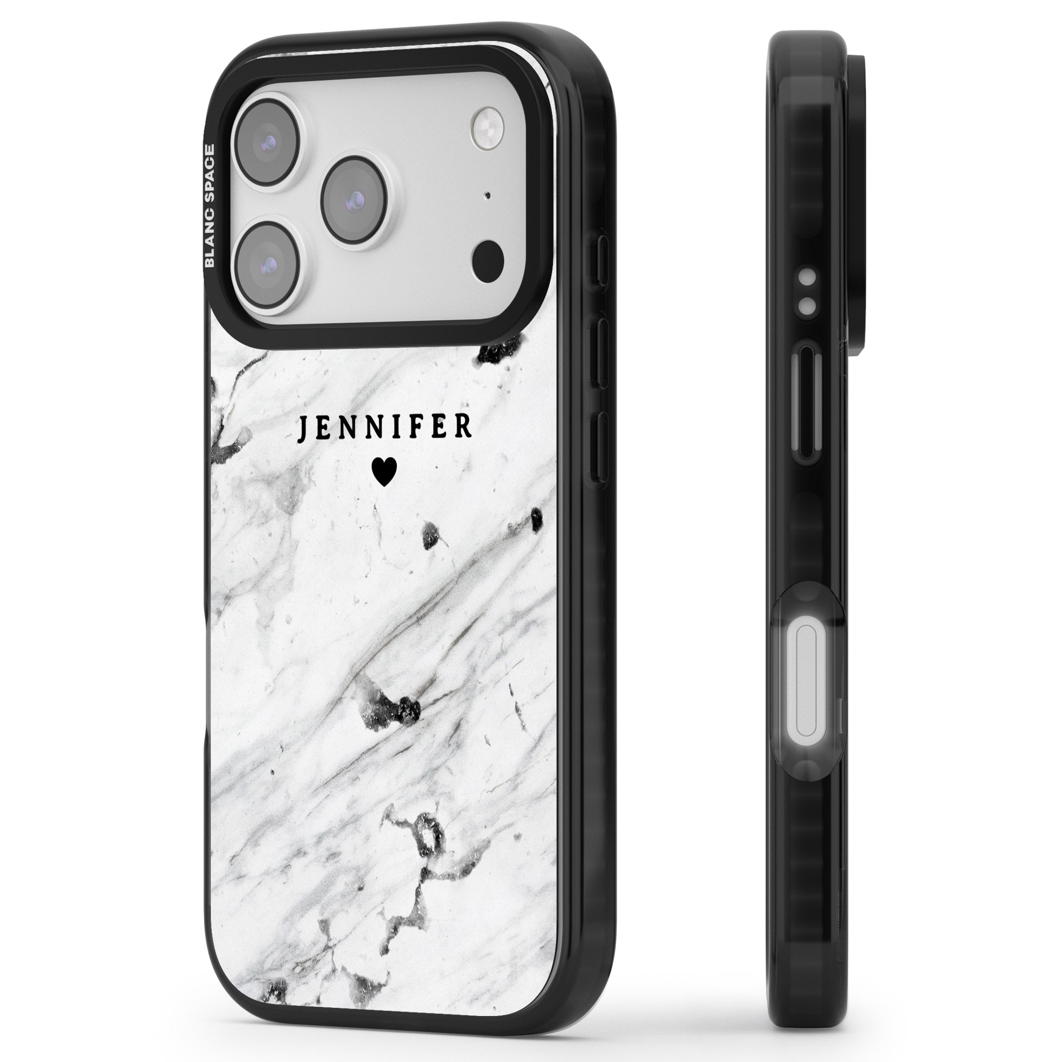 Personalised Marble Heart iPhone 17 Pro Impact Black Phone Case Side Profile