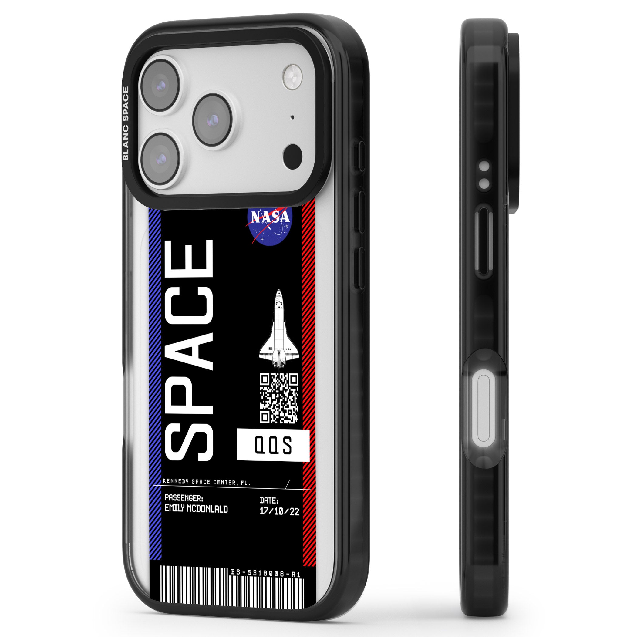 Personalised Nasa Boarding Pass (Dark) iPhone 17 Pro Impact Black Phone Case Side Profile