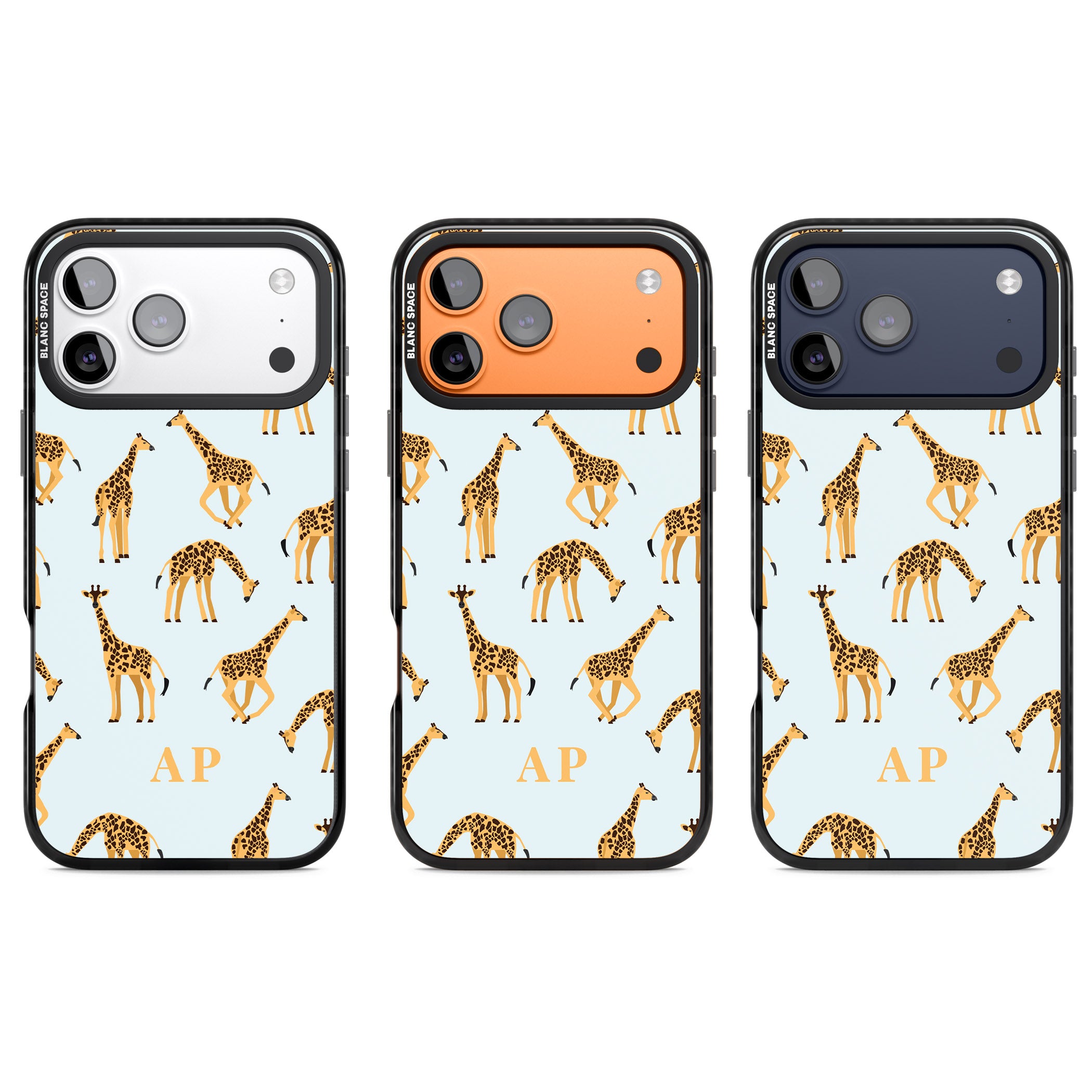 Personalised Safari Giraffe Pattern On Blue iPhone 17 Pro Impact Black Phone Case APT Impact Protection