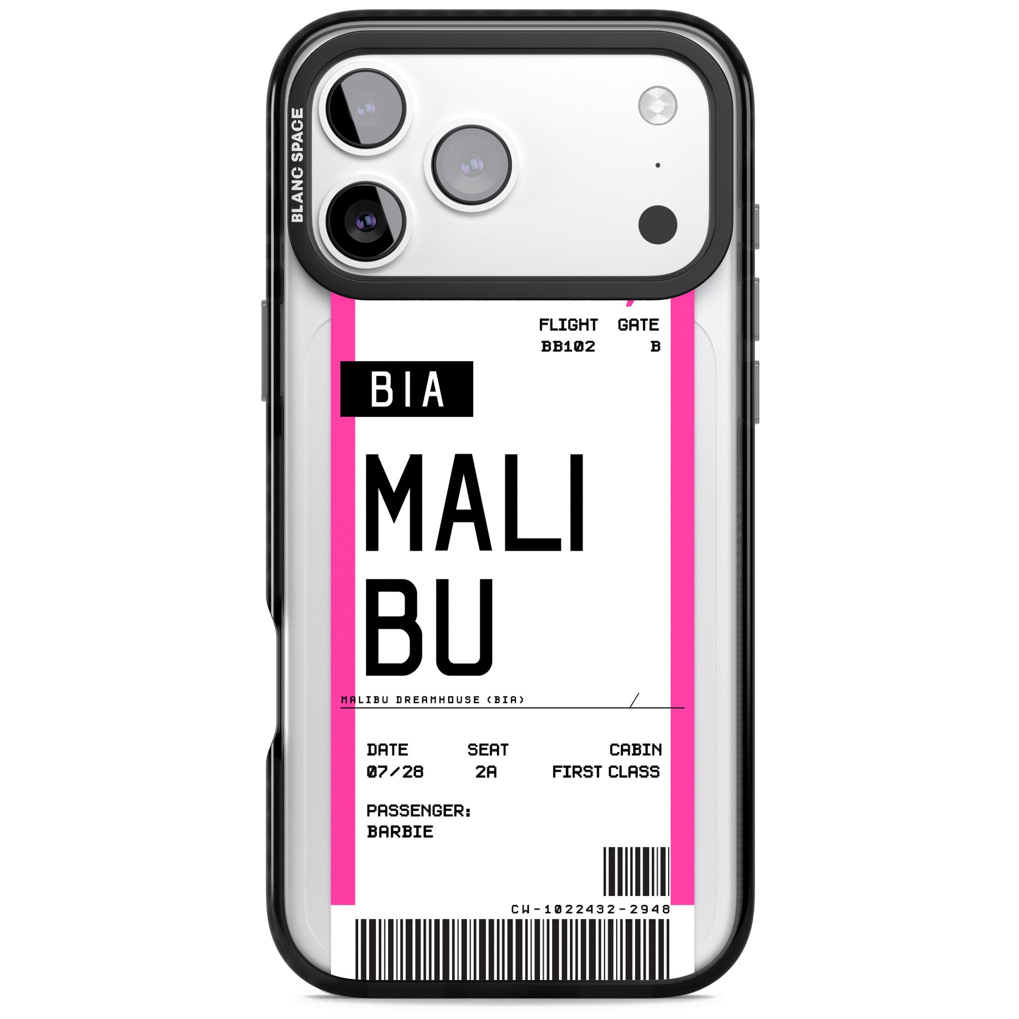 Personalised Pink Malibu Boarding Pass iPhone 17 Pro Impact Black Phone Case