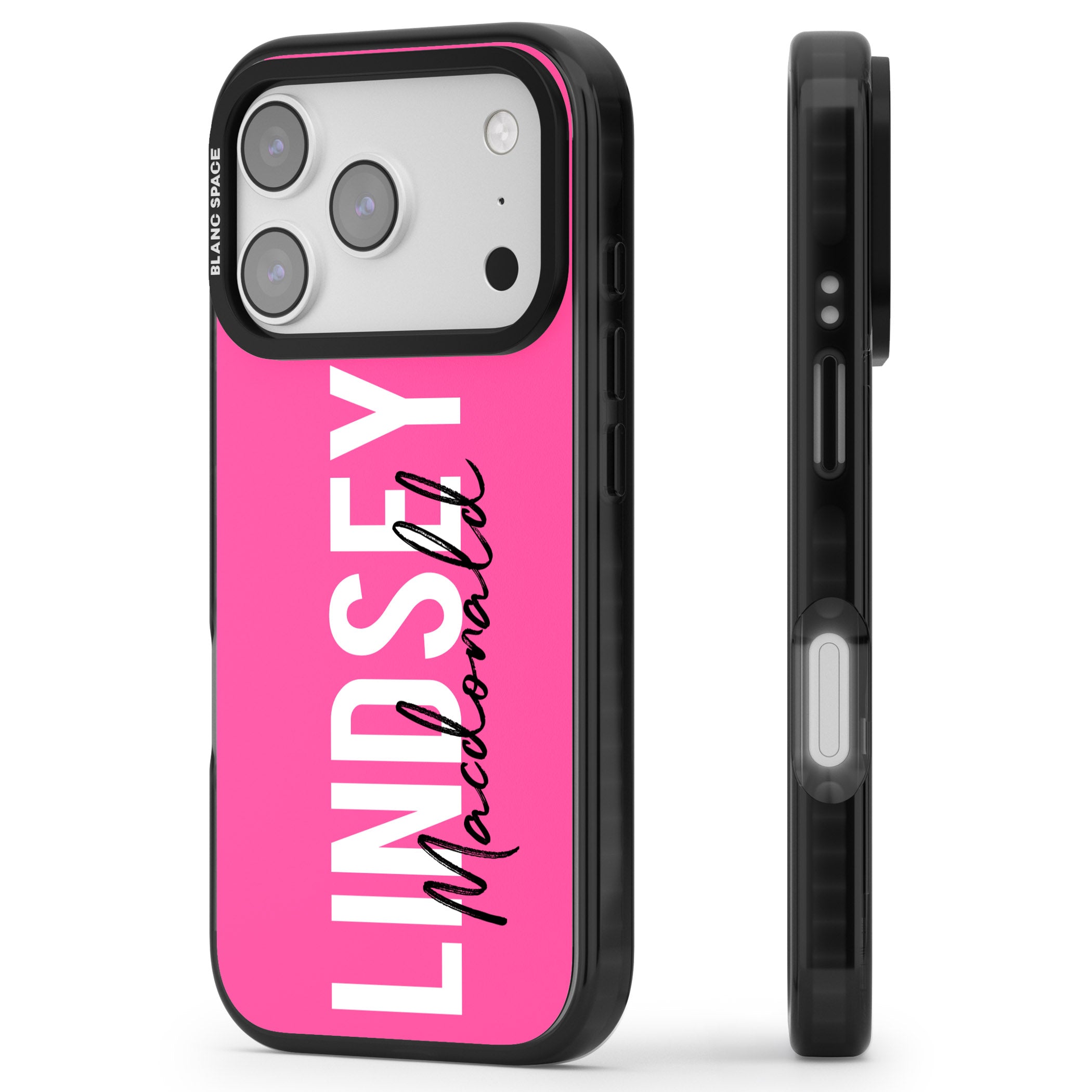 Personalised Bold Name: Pink iPhone 17 Pro Impact Black Phone Case Side Profile