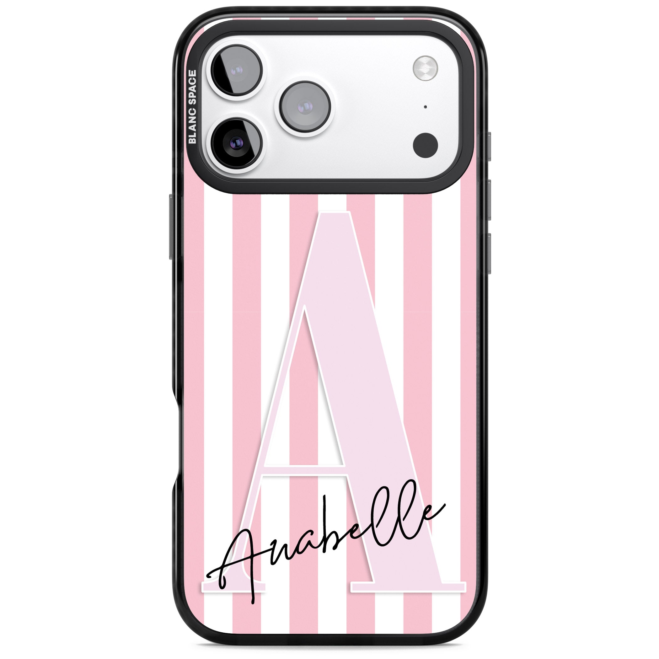 Personalised Pink Stripes & Monogram iPhone 17 Pro Impact Black Phone Case