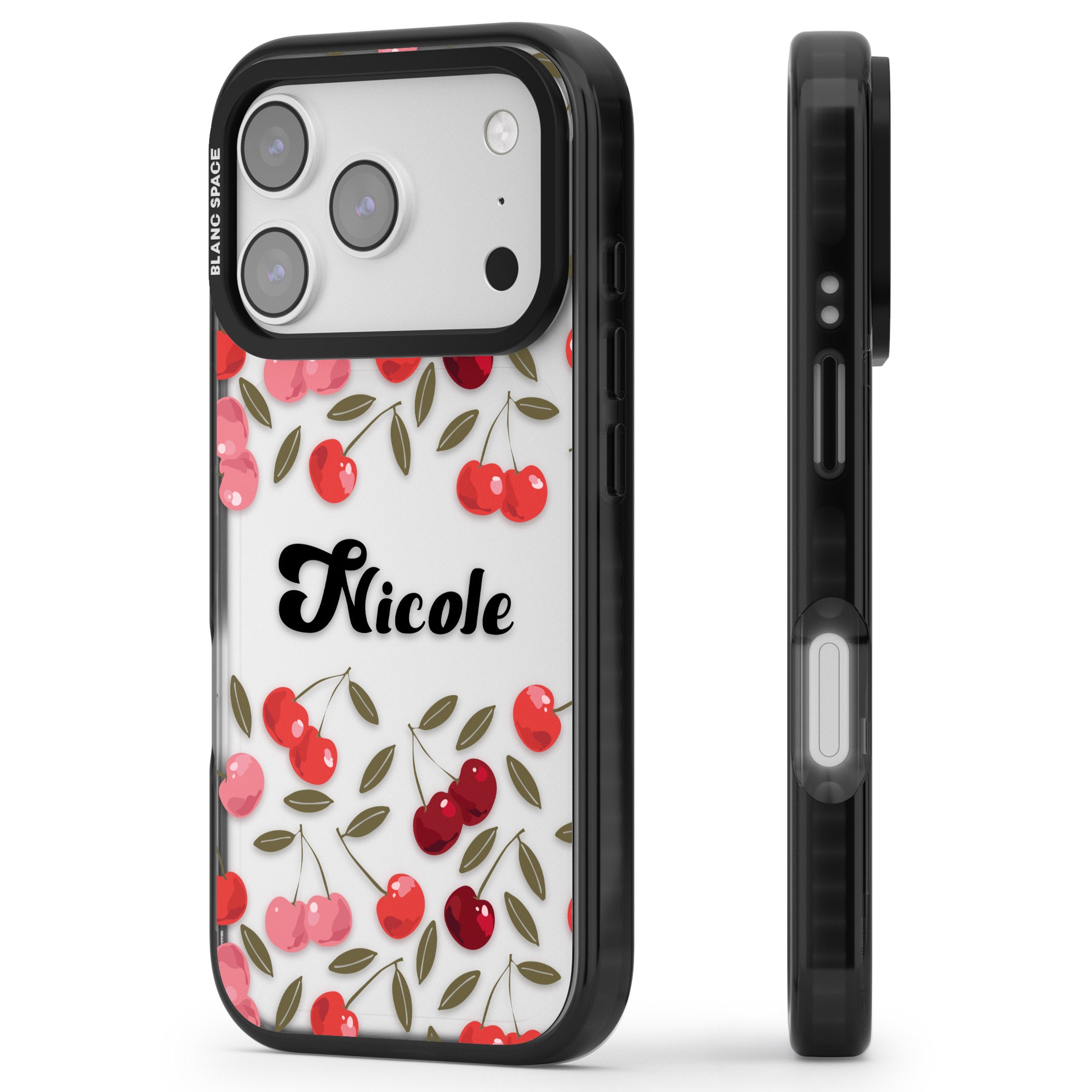 Personalised Cherry Pattern iPhone 17 Pro Impact Black Phone Case Side Profile
