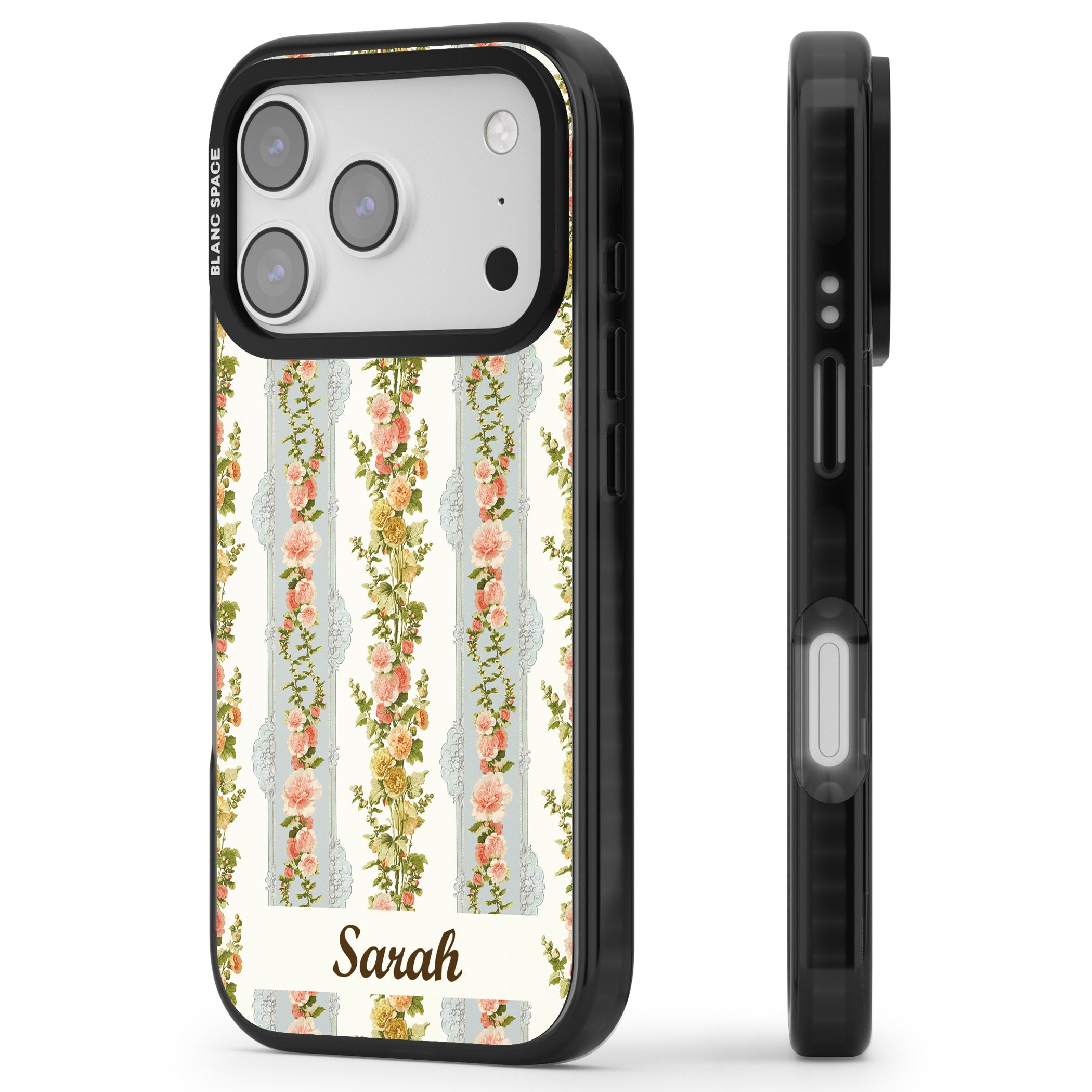 Personalised Vintage Floral Stripes iPhone 17 Pro Impact Black Phone Case Side Profile