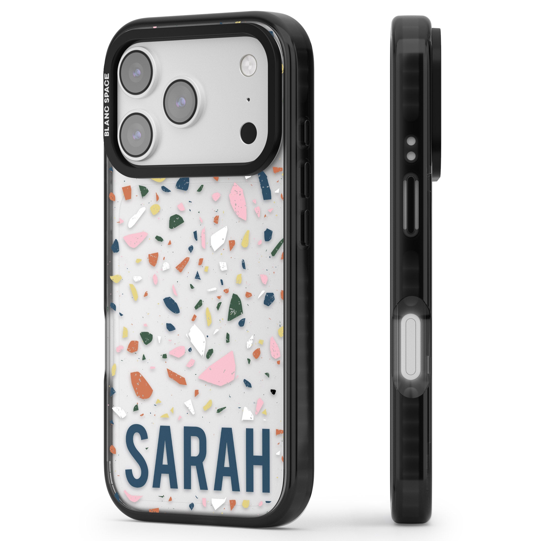 Personalised Terrazzo iPhone 17 Pro Impact Black Phone Case Side Profile